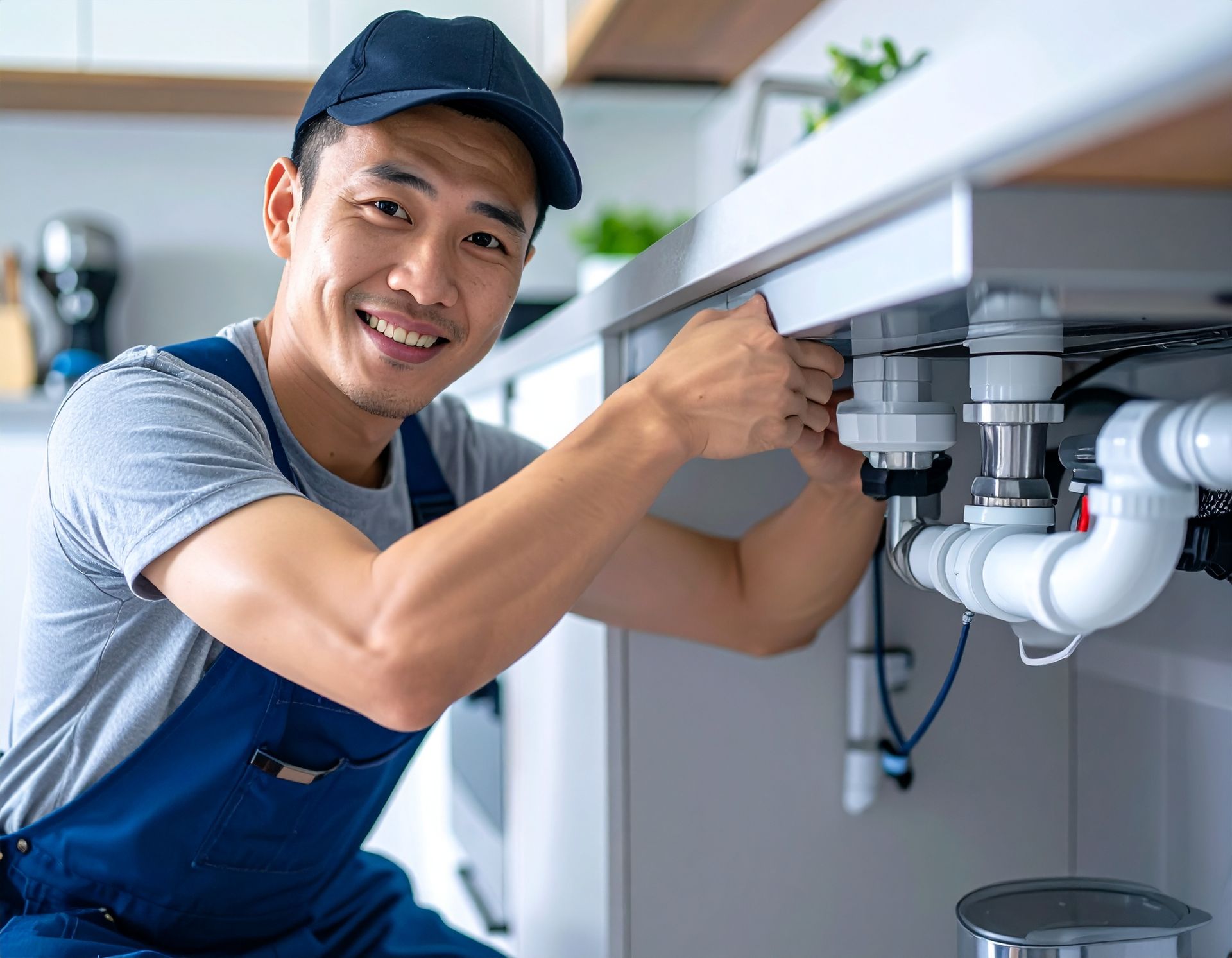 A smiling plumber in a blue uniform and cap fixing kitchen sink pipes under the cabinet.