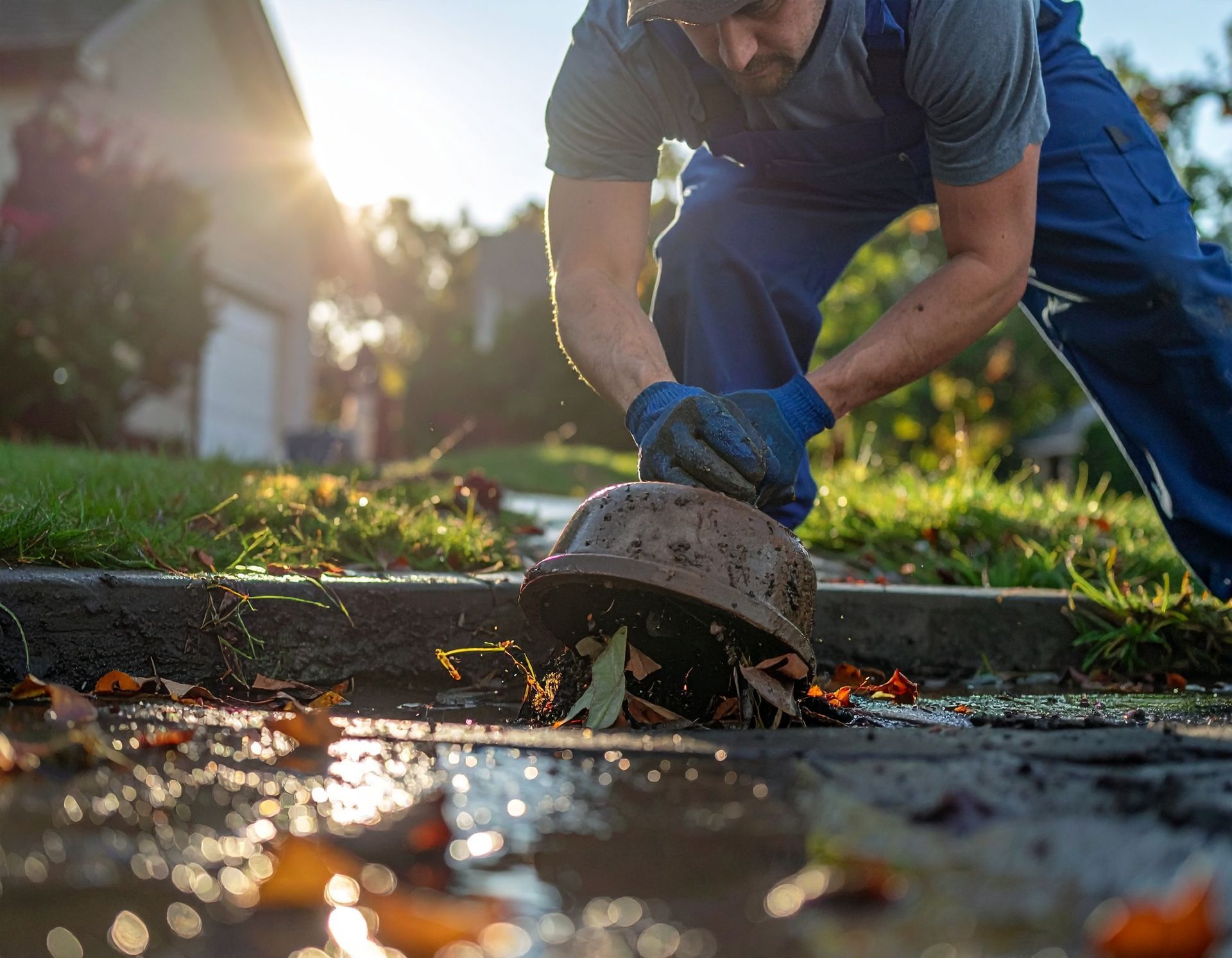 A worker wearing gloves clears leaves and debris from a suburban storm drain at sunset.