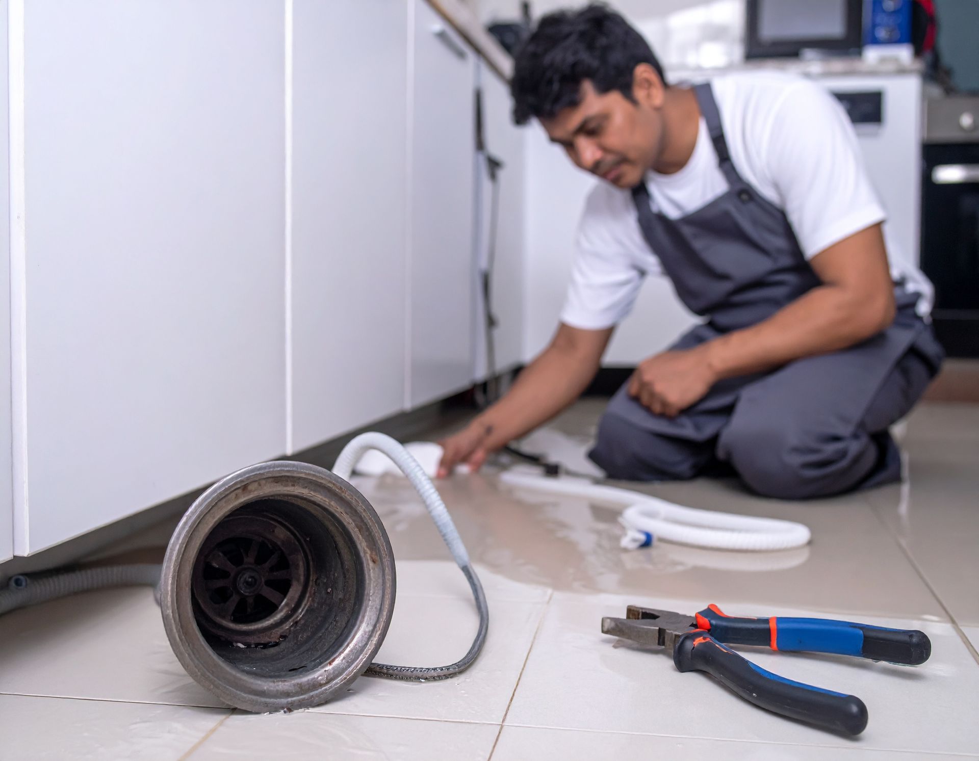 A technician in grey workwear kneels on a kitchen floor, fixing a plumbing leak near a detached drain pipe and tools.