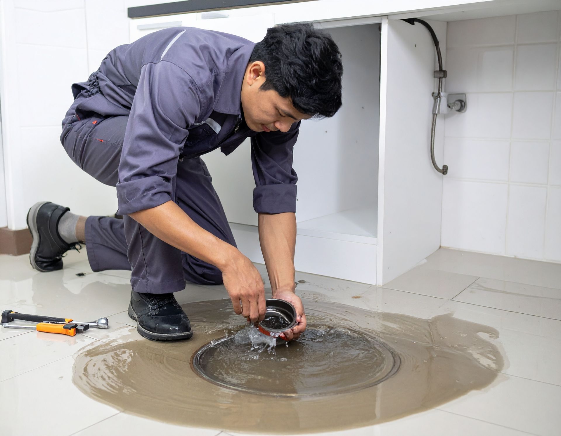 A technician in a grey uniform kneels on a wet floor, cleaning a circular floor drain cover near a white cabinet.