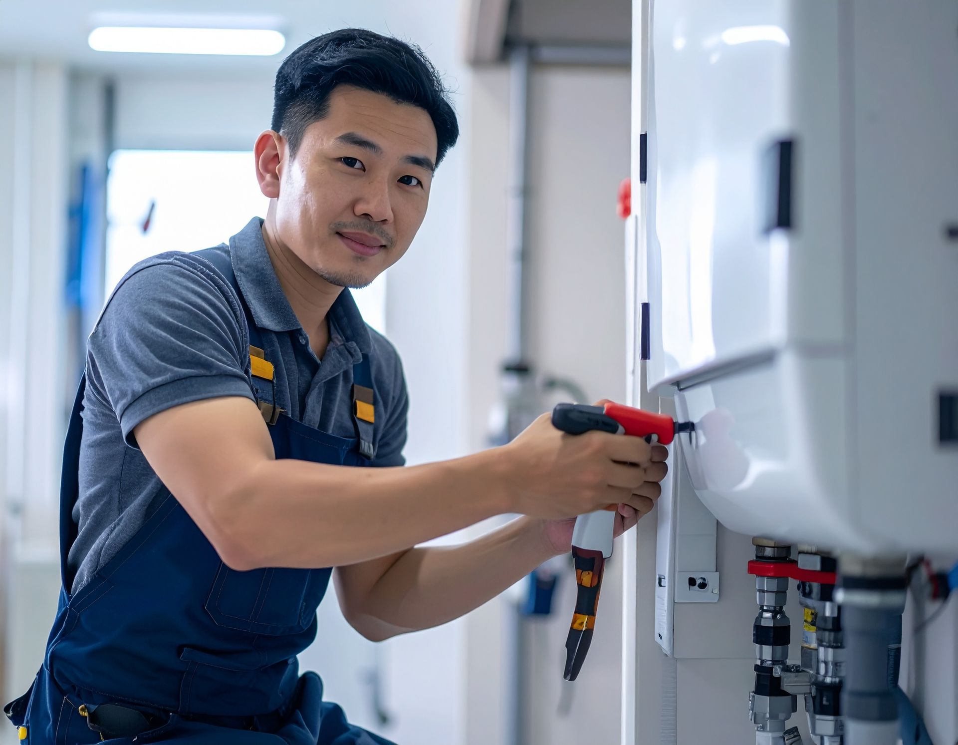 A technician in blue work overalls uses a red power tool to service a white industrial heating or water unit.