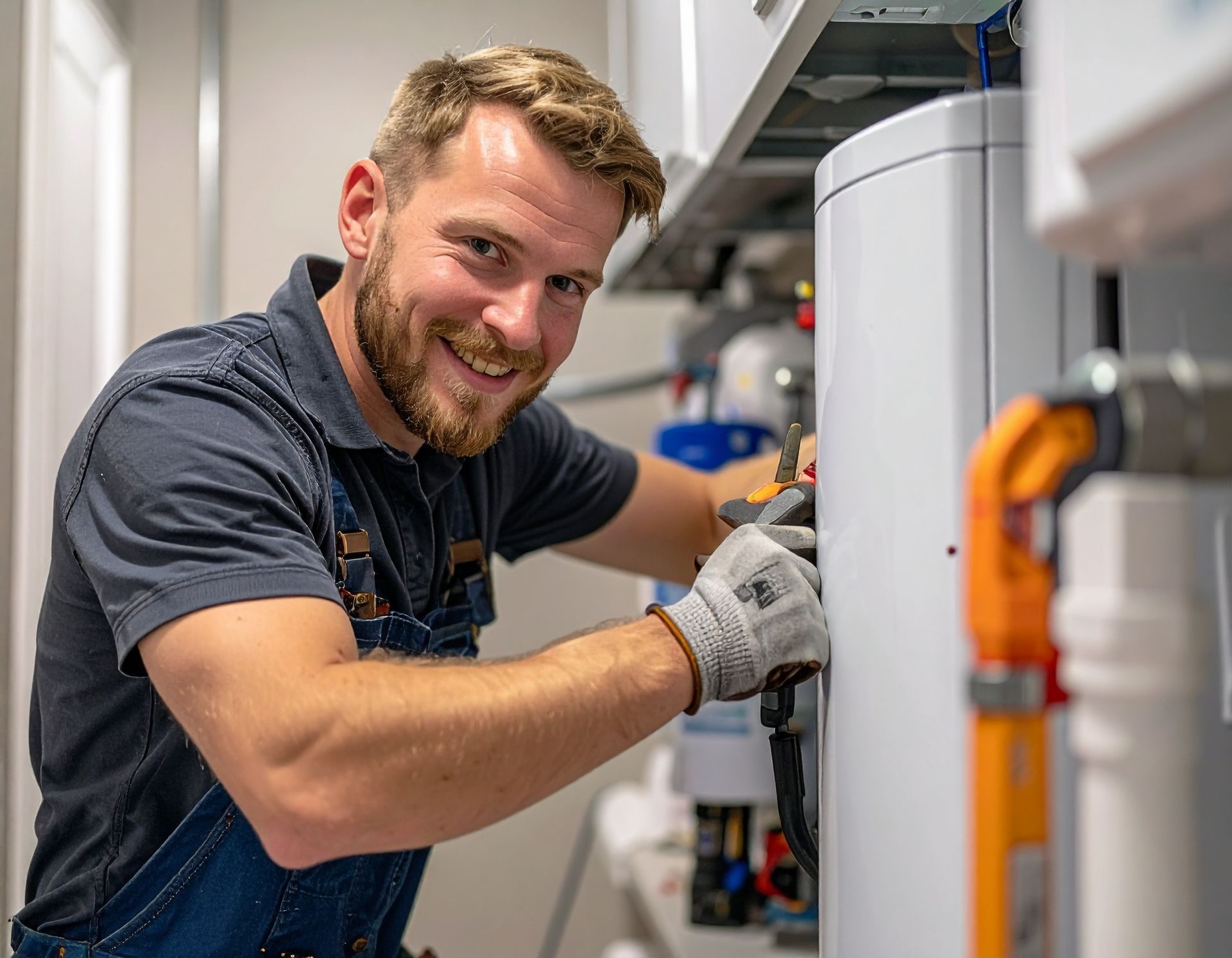 A person in a gray polo and work overalls smiles while using tools on a white water heater in a mechanical room.
