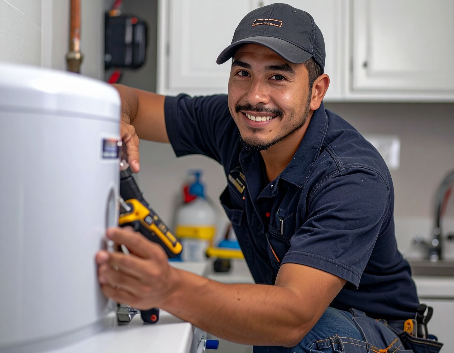 A smiling technician in a blue uniform working on a white water heater in a residential kitchen.