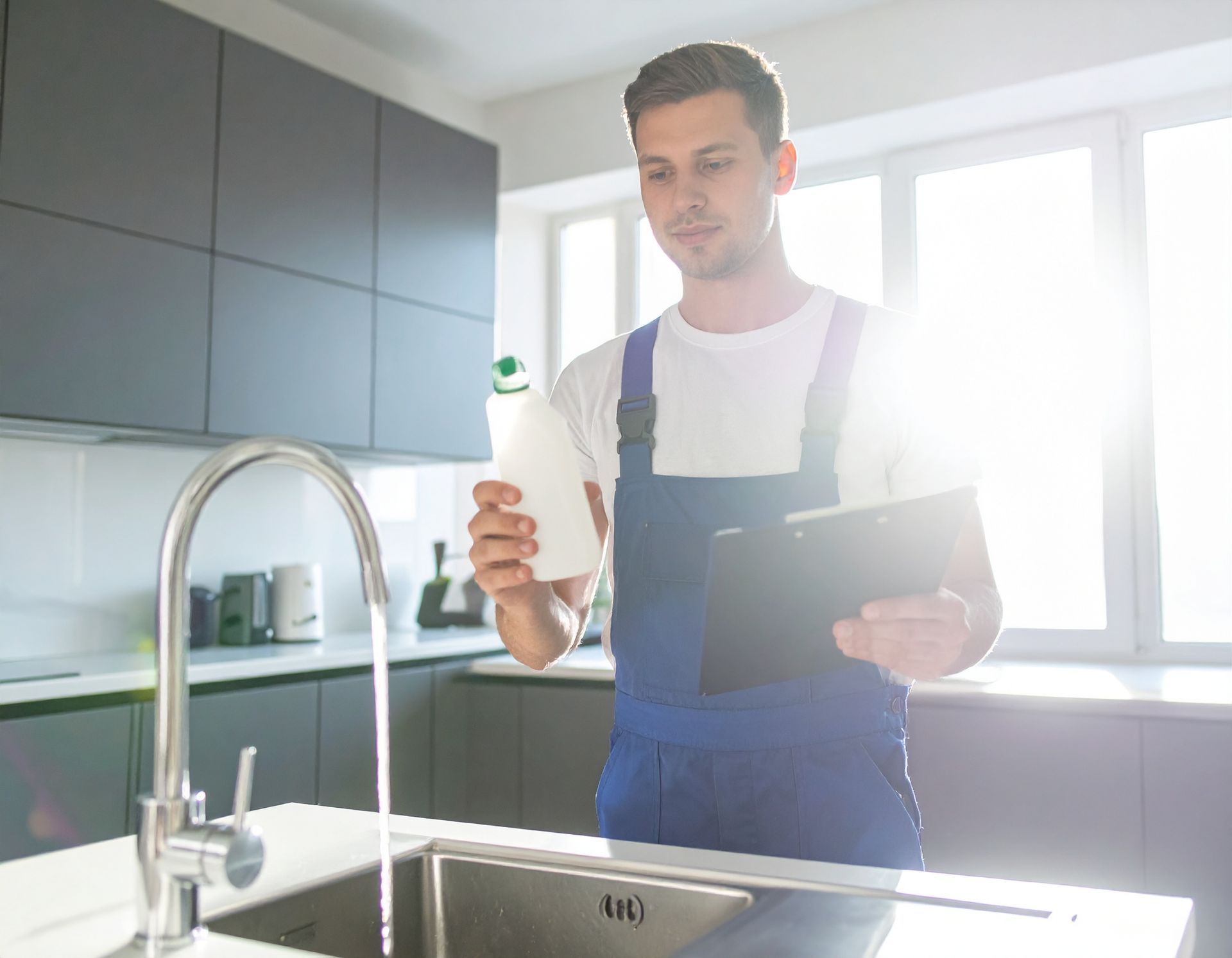 A person wearing blue work overalls stands in a modern kitchen, holding a cleaning bottle and a clipboard near the sink.