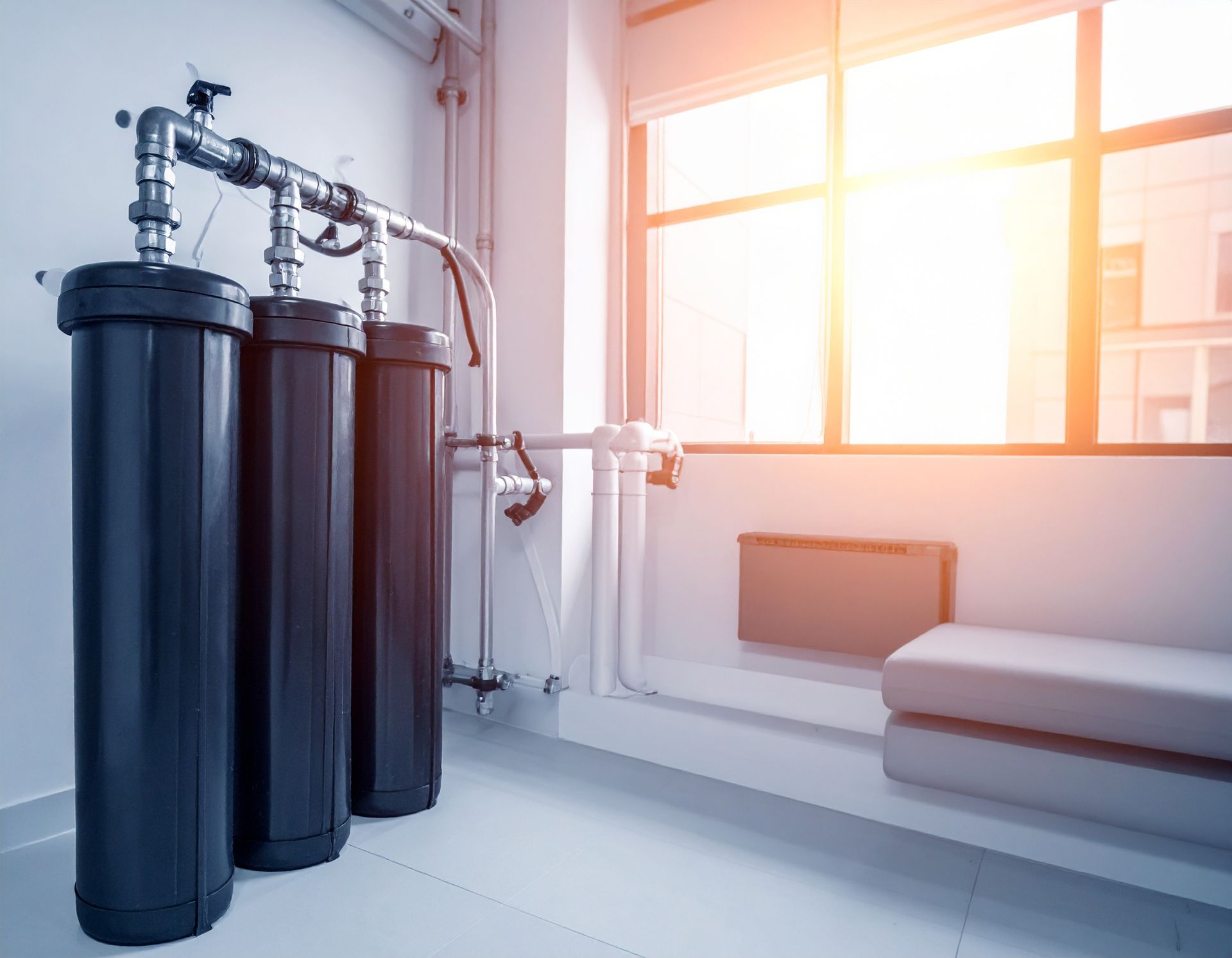 Three tall, dark cylindrical water filtration tanks connected by metal pipes in a brightly lit room with a window.