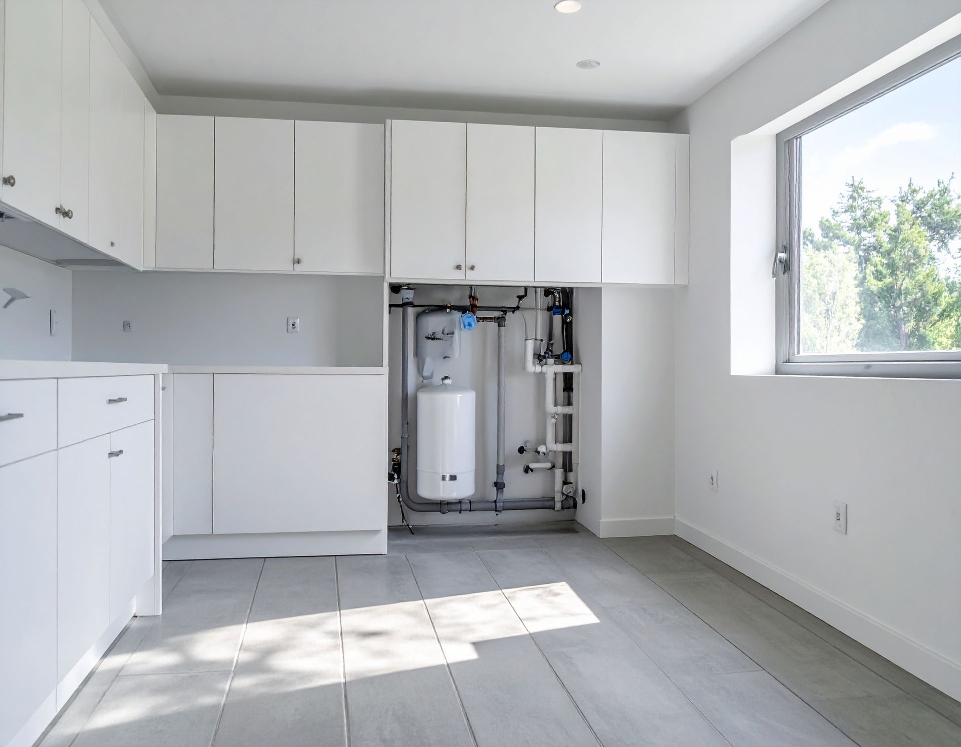 A kitchen with white cabinets, light wood floors, and a window, featuring an exposed water heater and plumbing under a cabinet.
