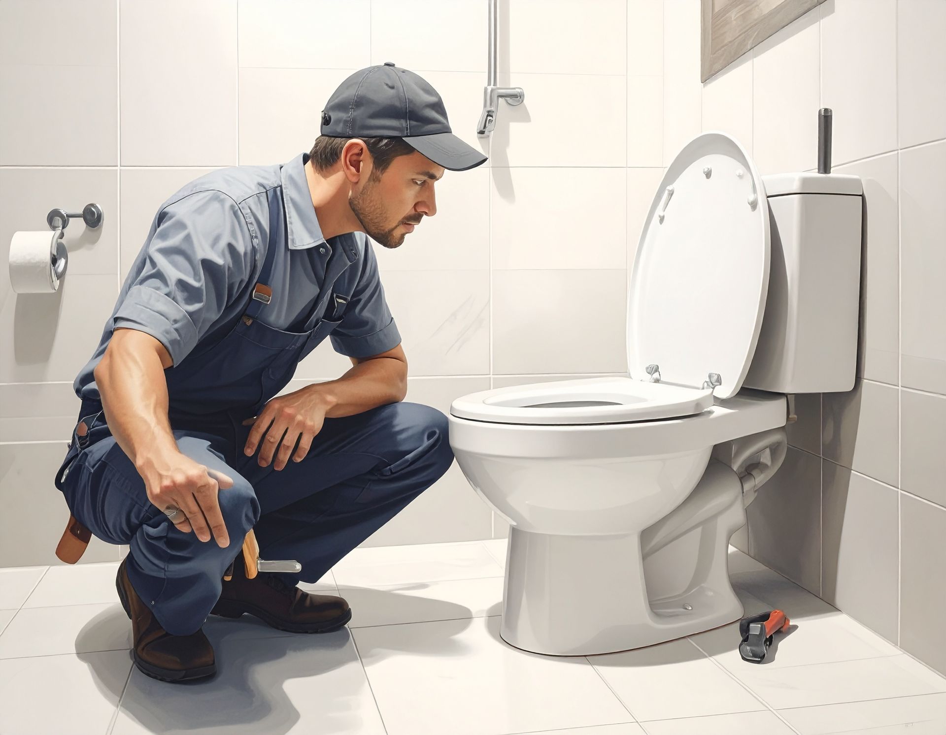 A professional in work uniform kneels on a tiled bathroom floor, inspecting a white toilet.