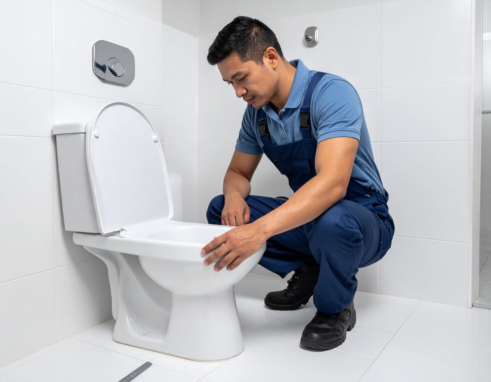 A professional plumber in blue workwear kneels in a white tiled bathroom, inspecting a toilet bowl.