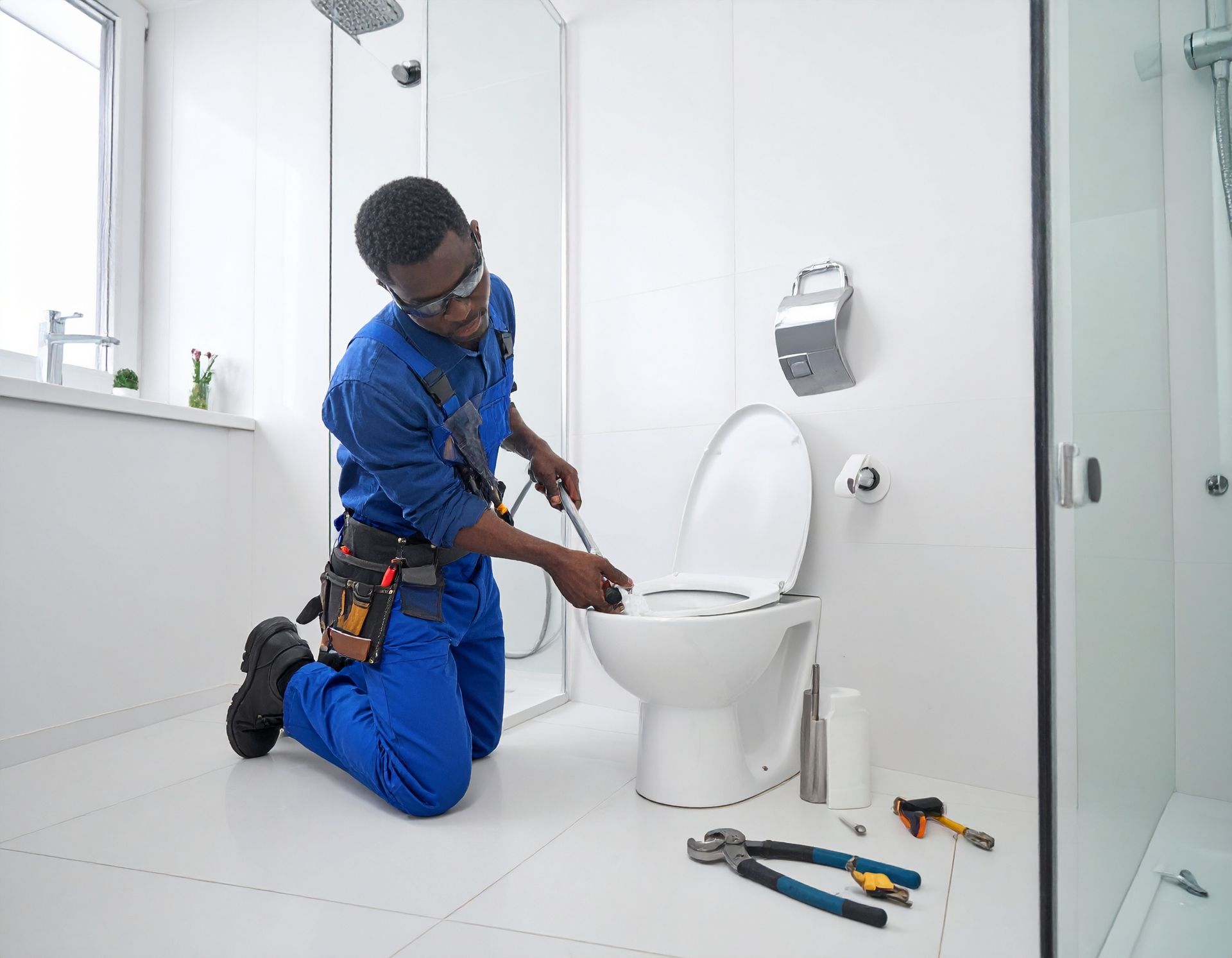 A plumber in a blue uniform kneels on a white bathroom floor, using a drain snake to unclog a white toilet.