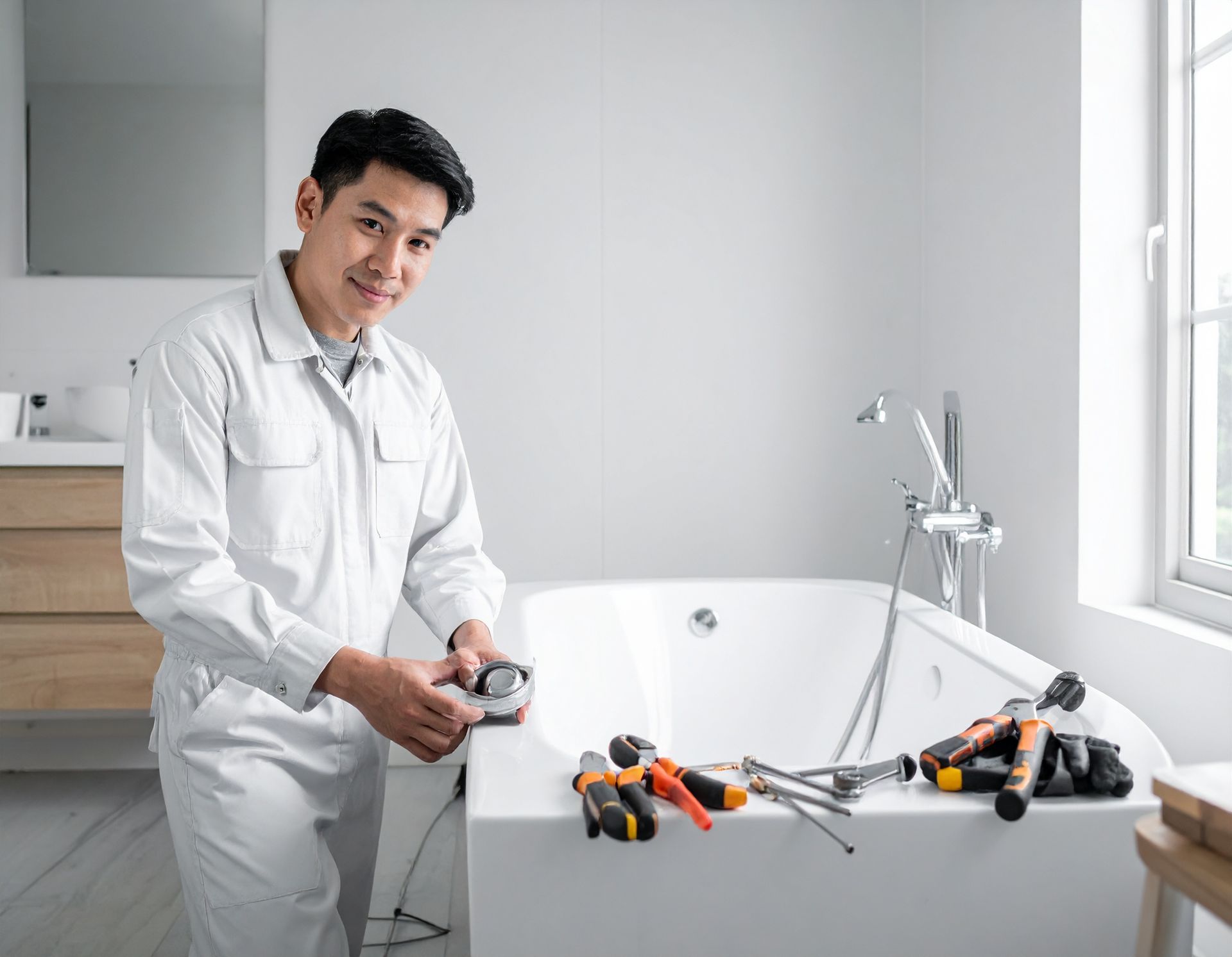 A professional in a white jumpsuit repairs a bathtub in a bright, modern bathroom, with tools laid out on the tub edge.