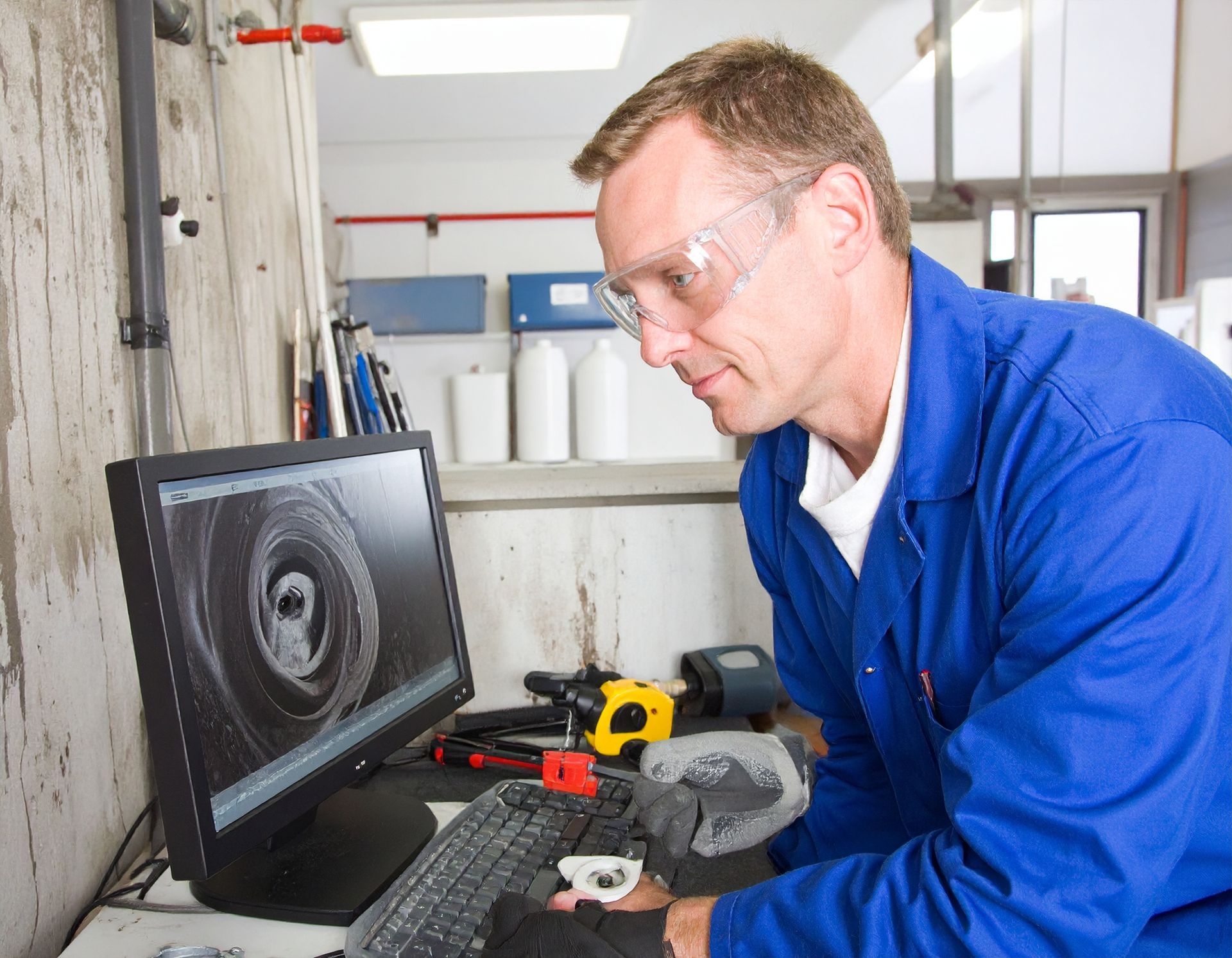 A technician in a blue work uniform and safety glasses views a 3D-rendered industrial part on a computer monitor.