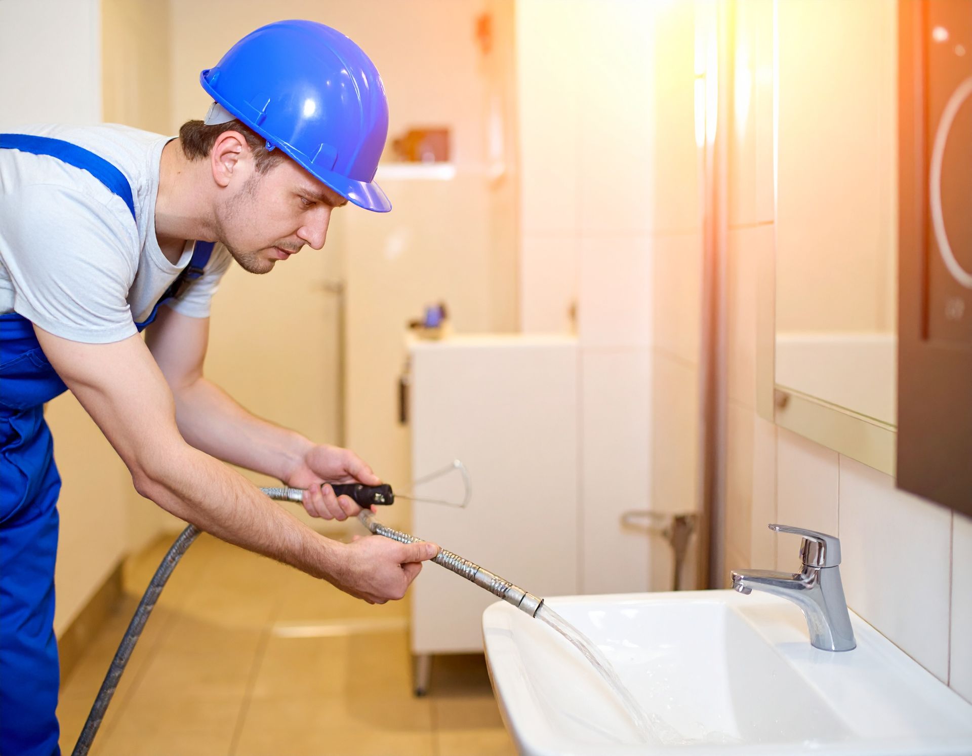 A plumber in a blue uniform and hard hat uses a drain cleaning tool on a white bathroom sink faucet.