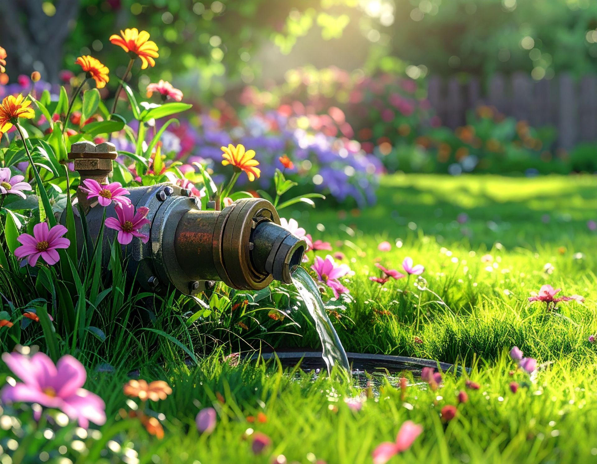 A bronze garden spigot pours water into lush green grass surrounded by colorful blooming flowers in a sunlit garden.