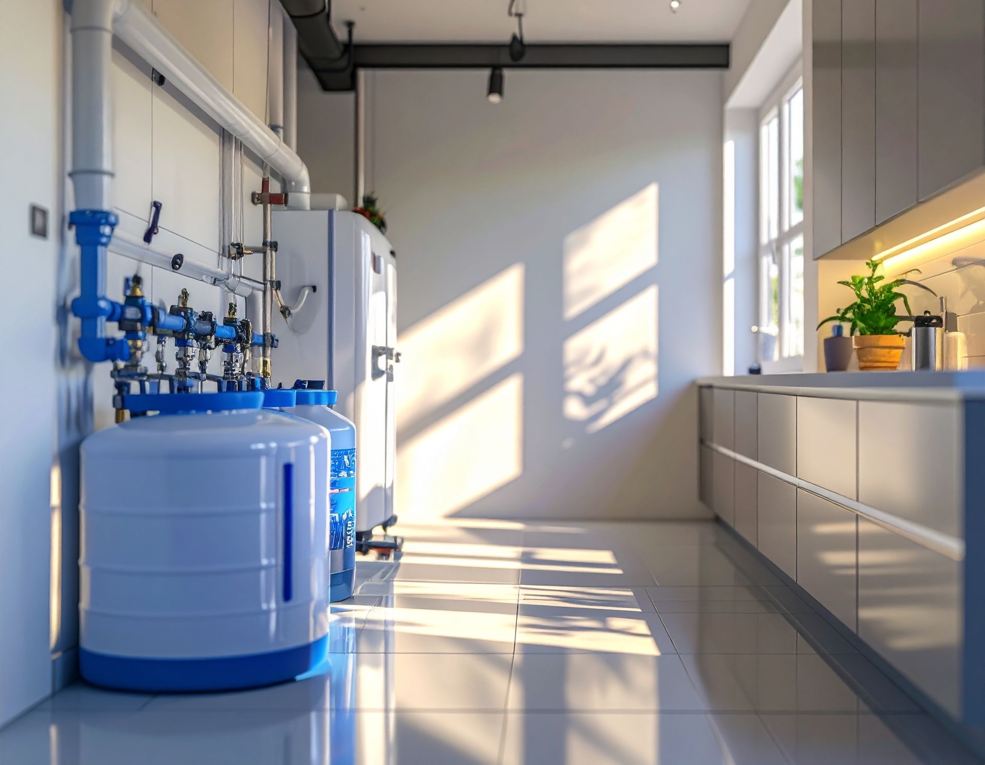 Modern interior with large white and blue industrial water storage tanks, exposed plumbing, and a sleek kitchen counter.