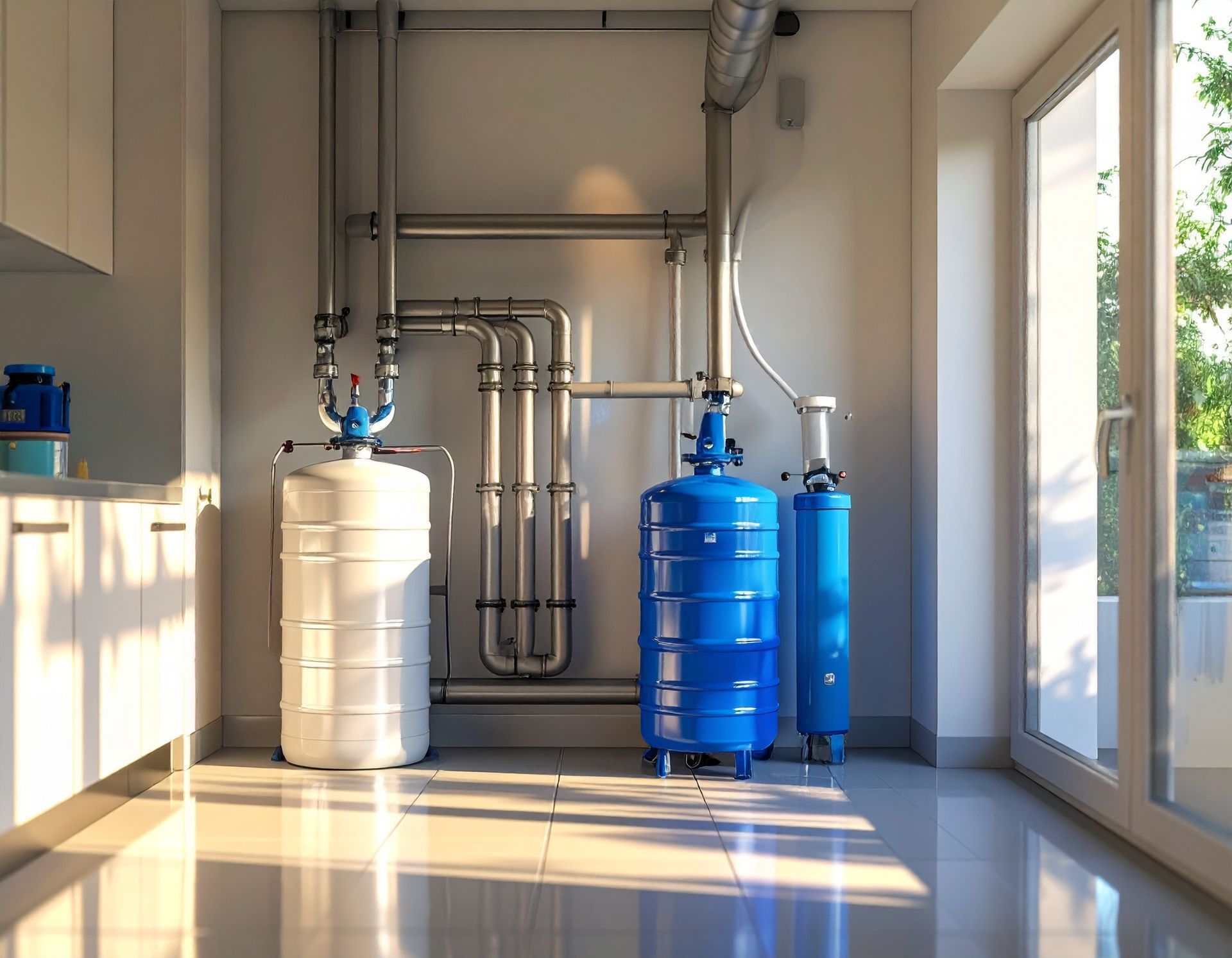White and blue water filtration tanks connected by metal pipes in a bright, modern utility room.