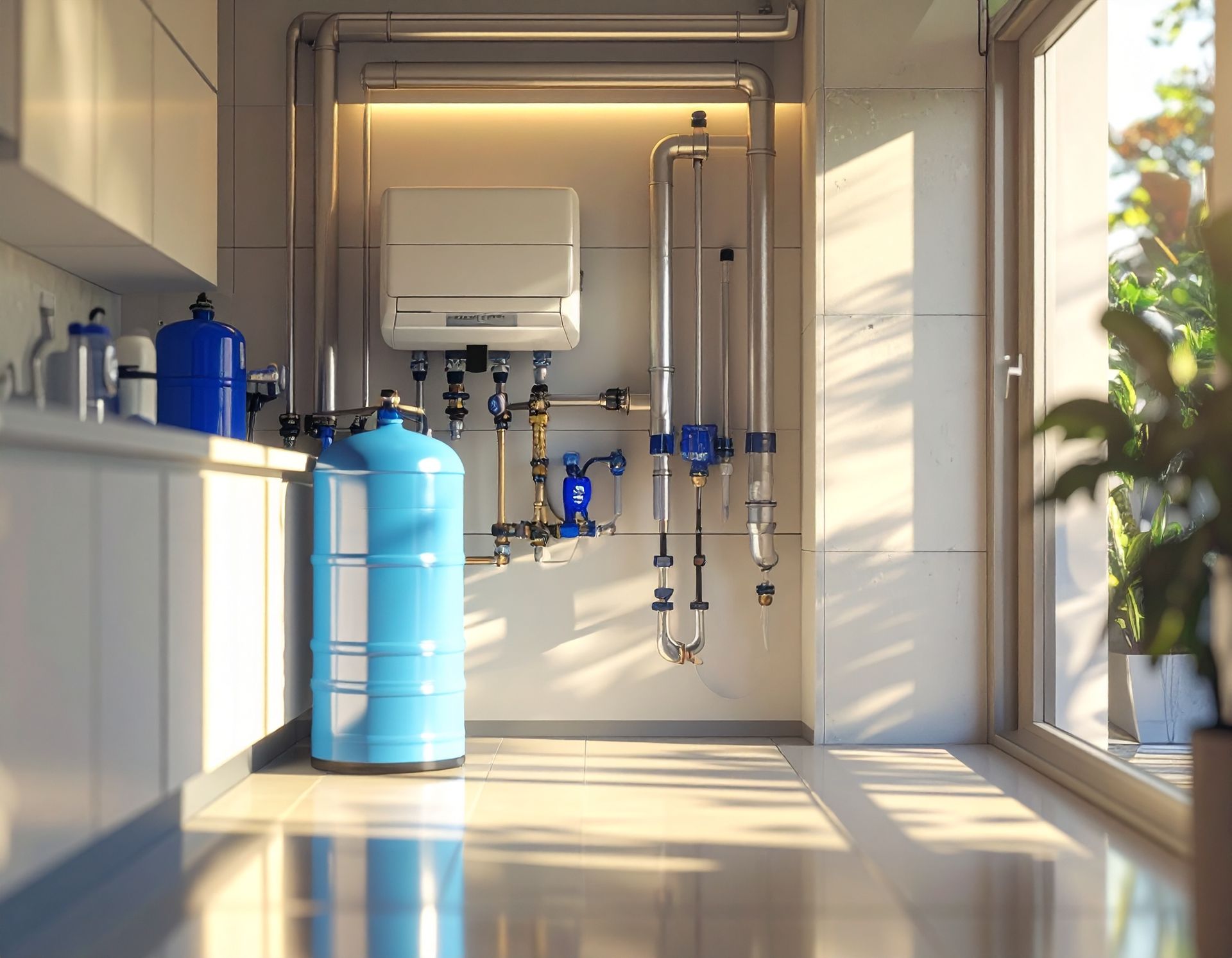 A bright, modern utility room featuring a wall-mounted boiler and a large blue water tank connected by metal piping.