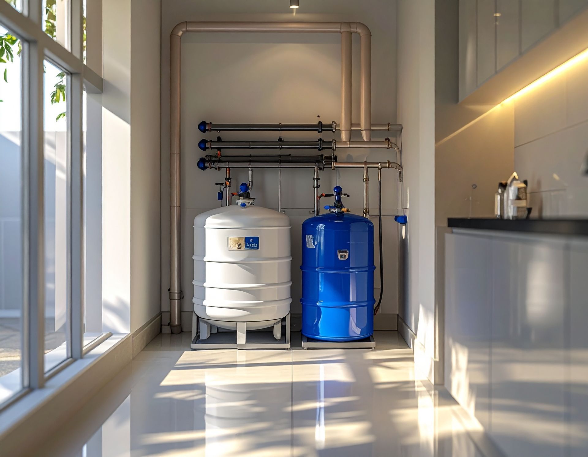 Two industrial water tanks, one white and one blue, stand in a modern room with piping against a wall.