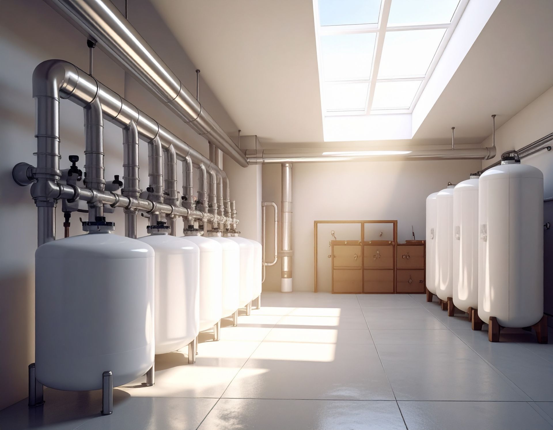 A bright industrial room featuring a row of white cylindrical storage tanks connected to overhead metallic piping.