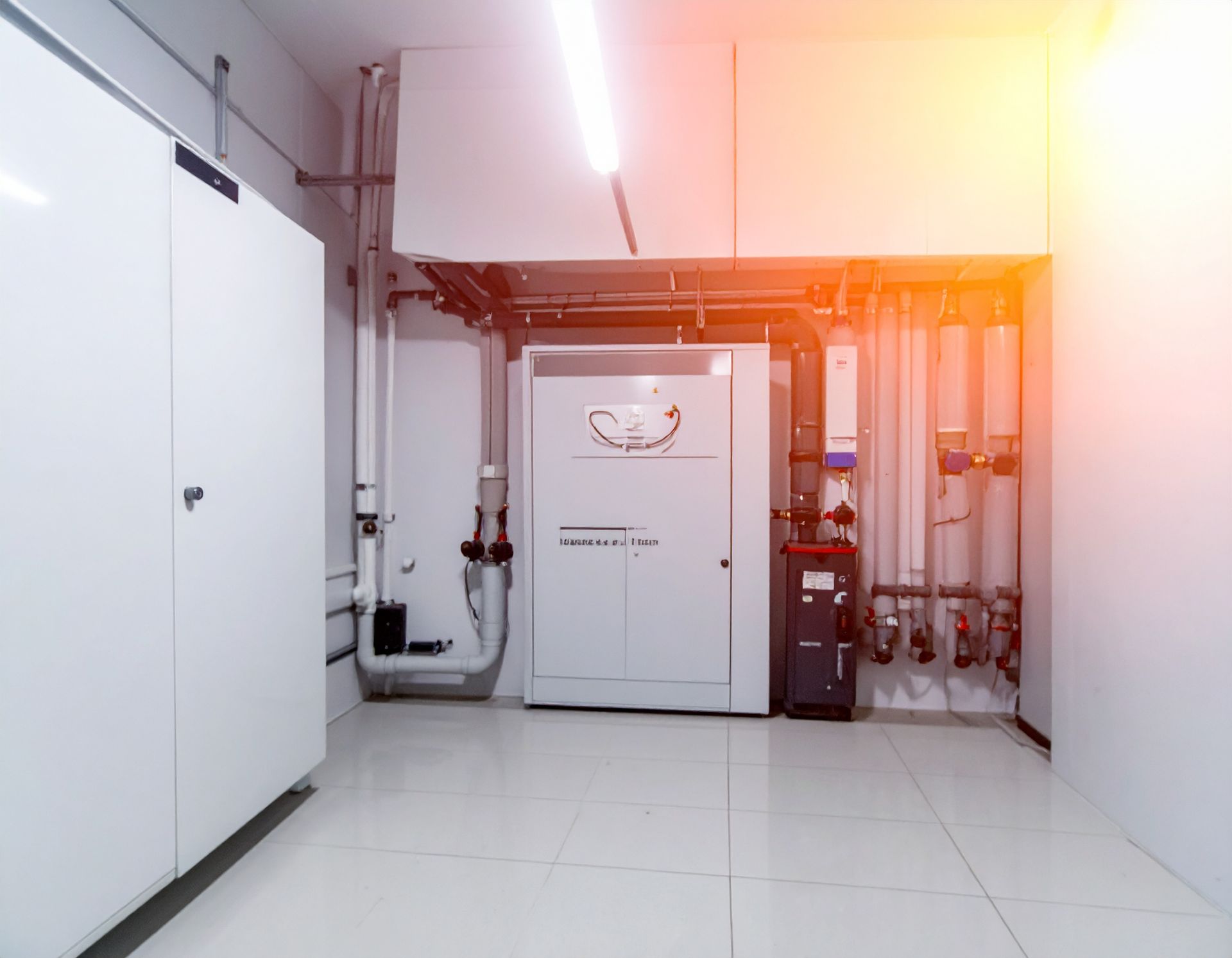 A utility room featuring white cabinets, a large central equipment unit, and wall-mounted pipes with gauges.
