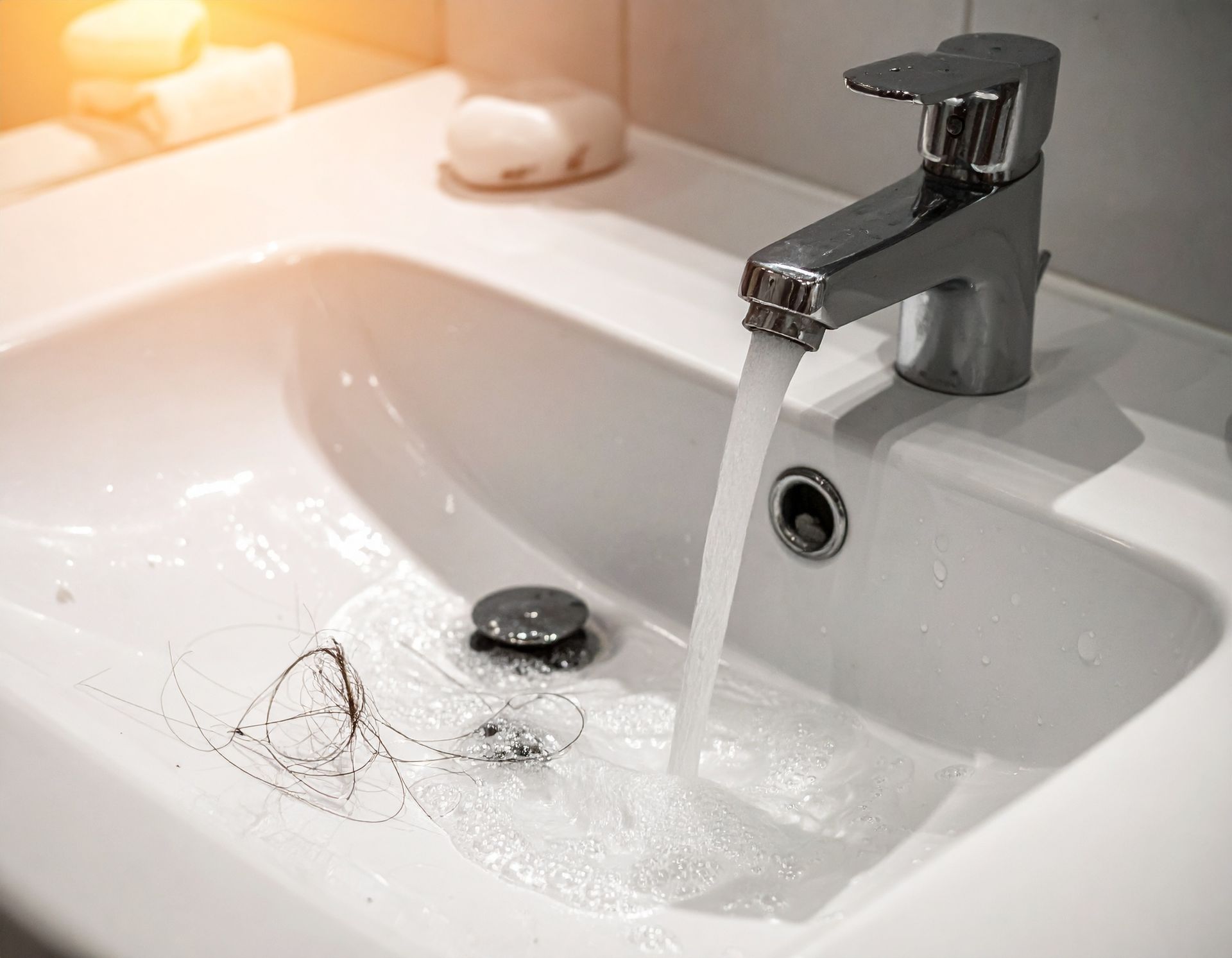 Water flows from a chrome faucet into a white bathroom sink where a pair of eyeglasses rests near the drain.