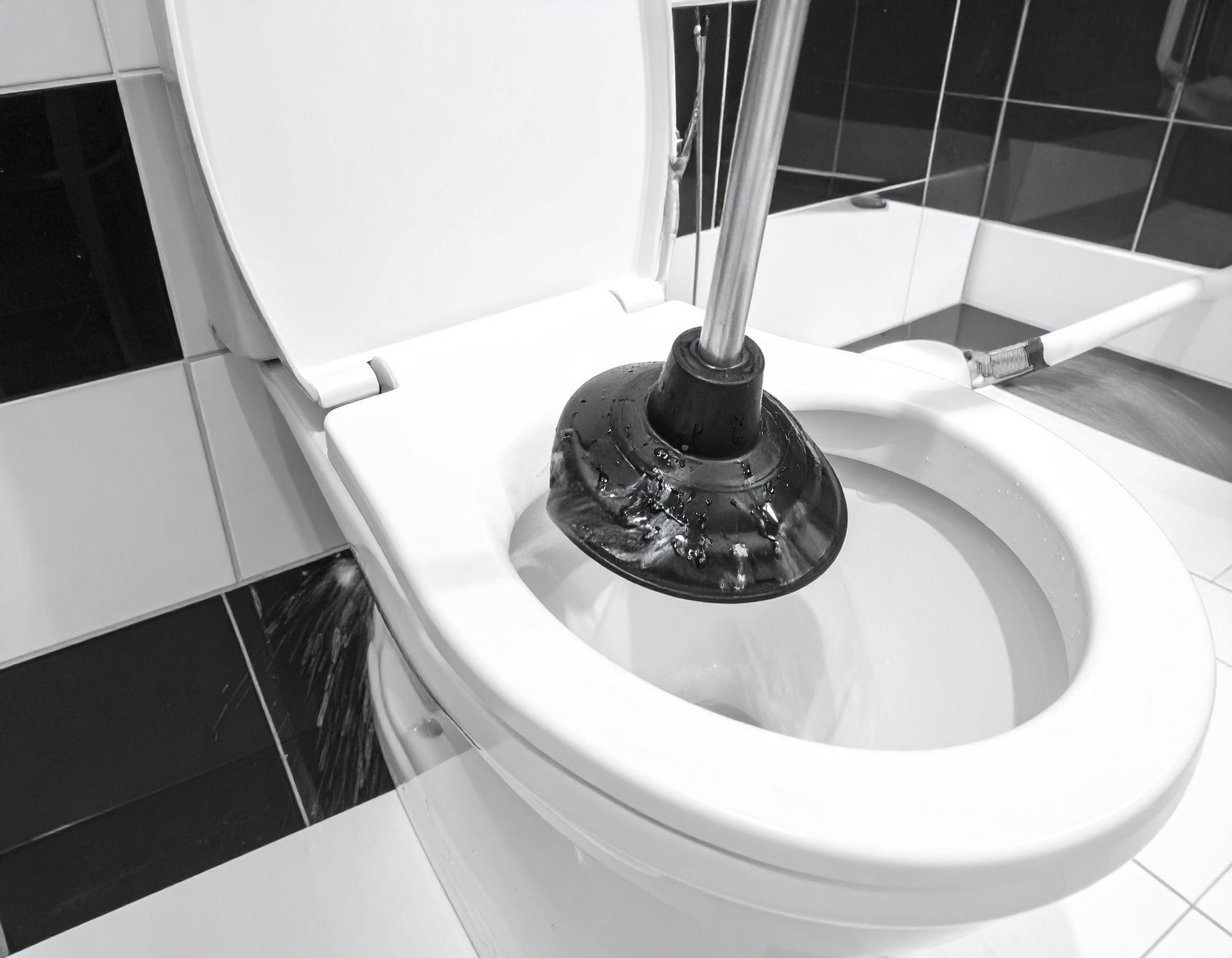 A black plunger being used to clear a blockage in a white toilet bowl in a modern bathroom with black and white tiles.