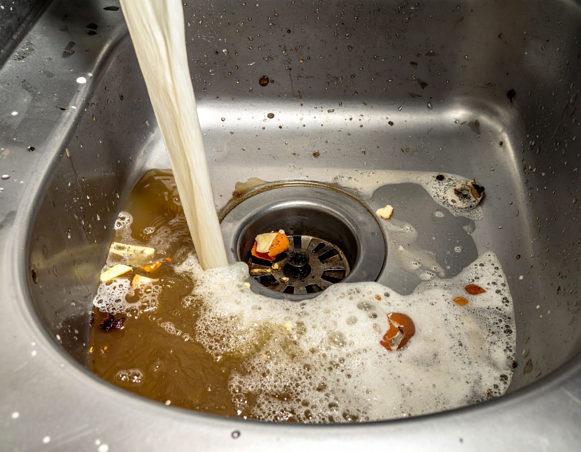 A kitchen sink filled with murky, brown water and food debris, with a stream of water pouring into the basin.