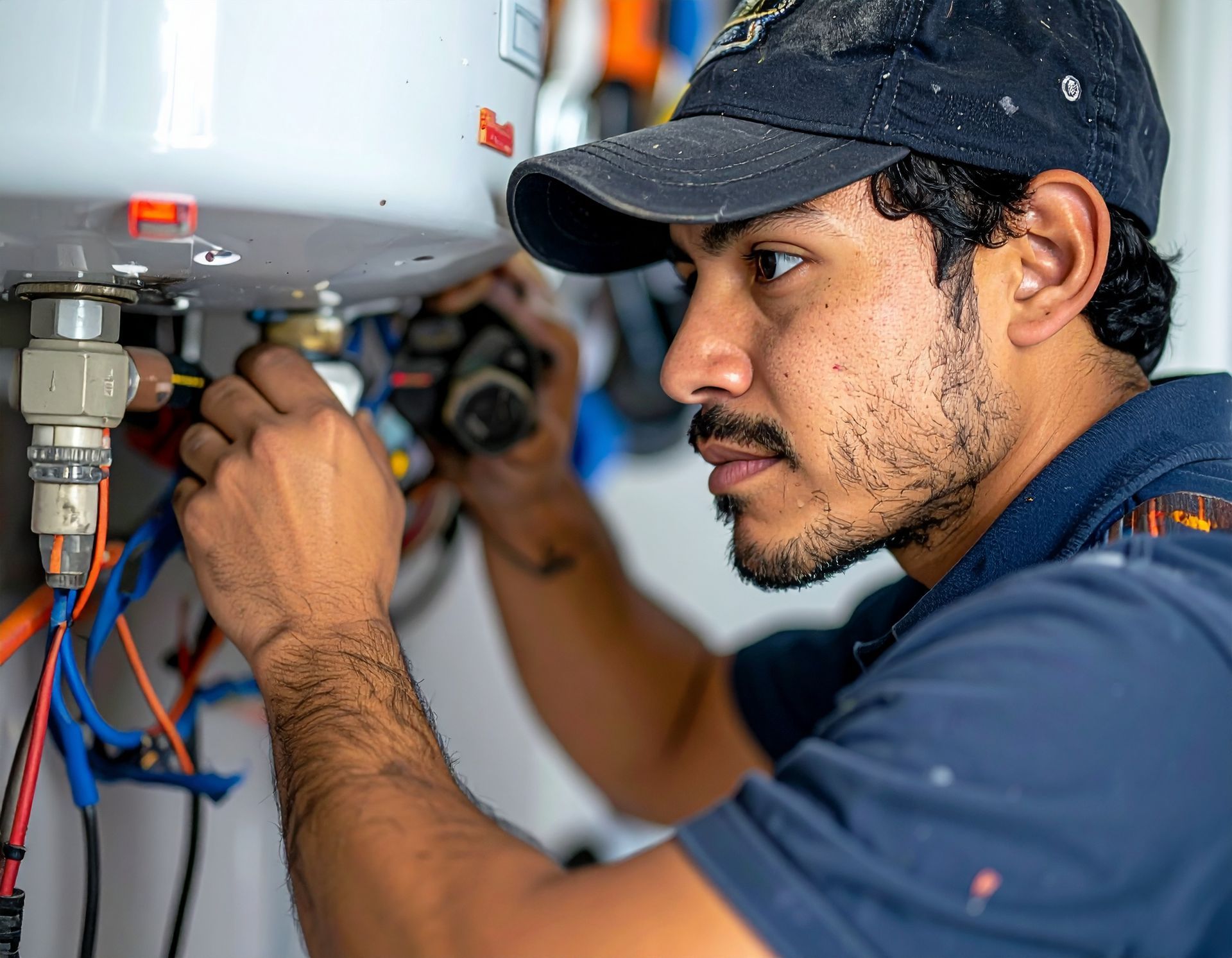 A technician wearing a dark cap and shirt carefully repairs wiring on a white wall-mounted water heater.