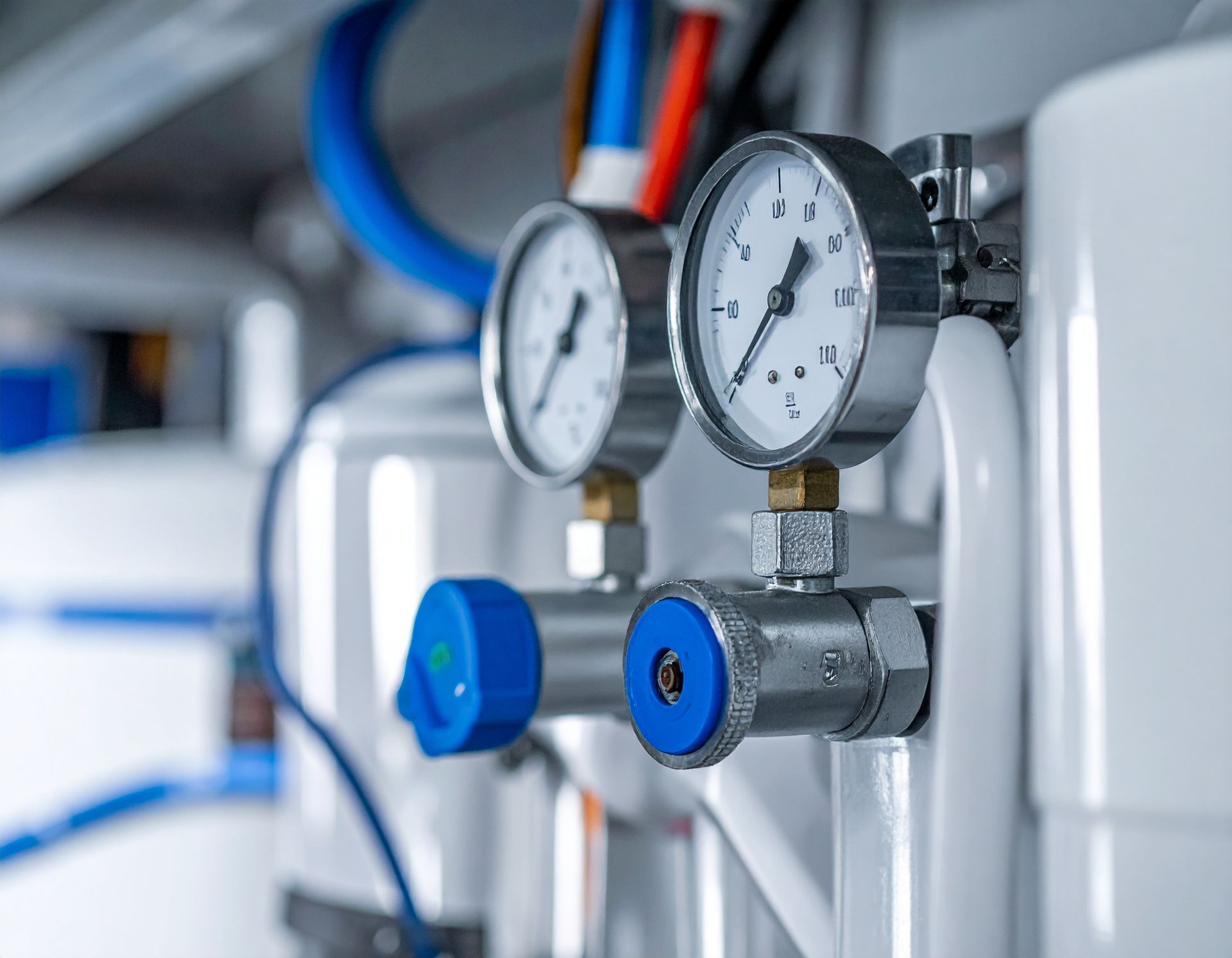 Two circular pressure gauges mounted on industrial white machinery with blue valves, viewed at a close-up angle.