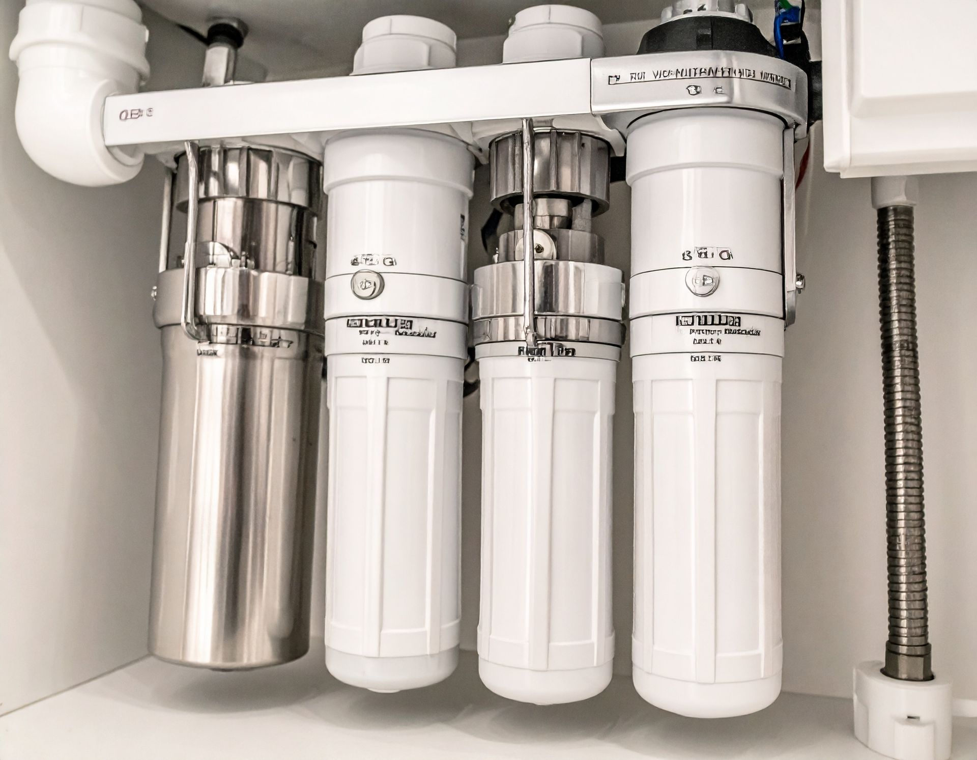 A multi-stage under-sink water filtration system with one stainless steel and three white cylindrical filter cartridges.