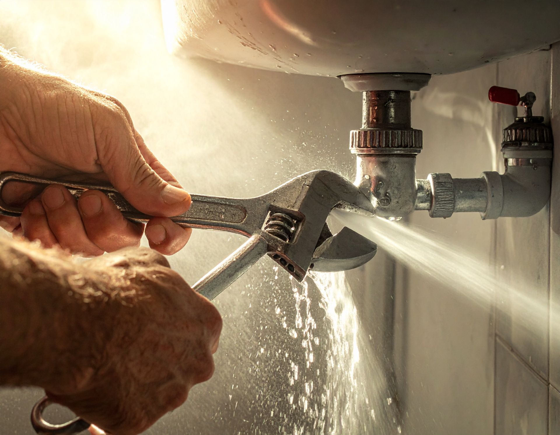 Hands use an adjustable wrench on a leaky pipe beneath a sink, with water spraying out under bright lighting.