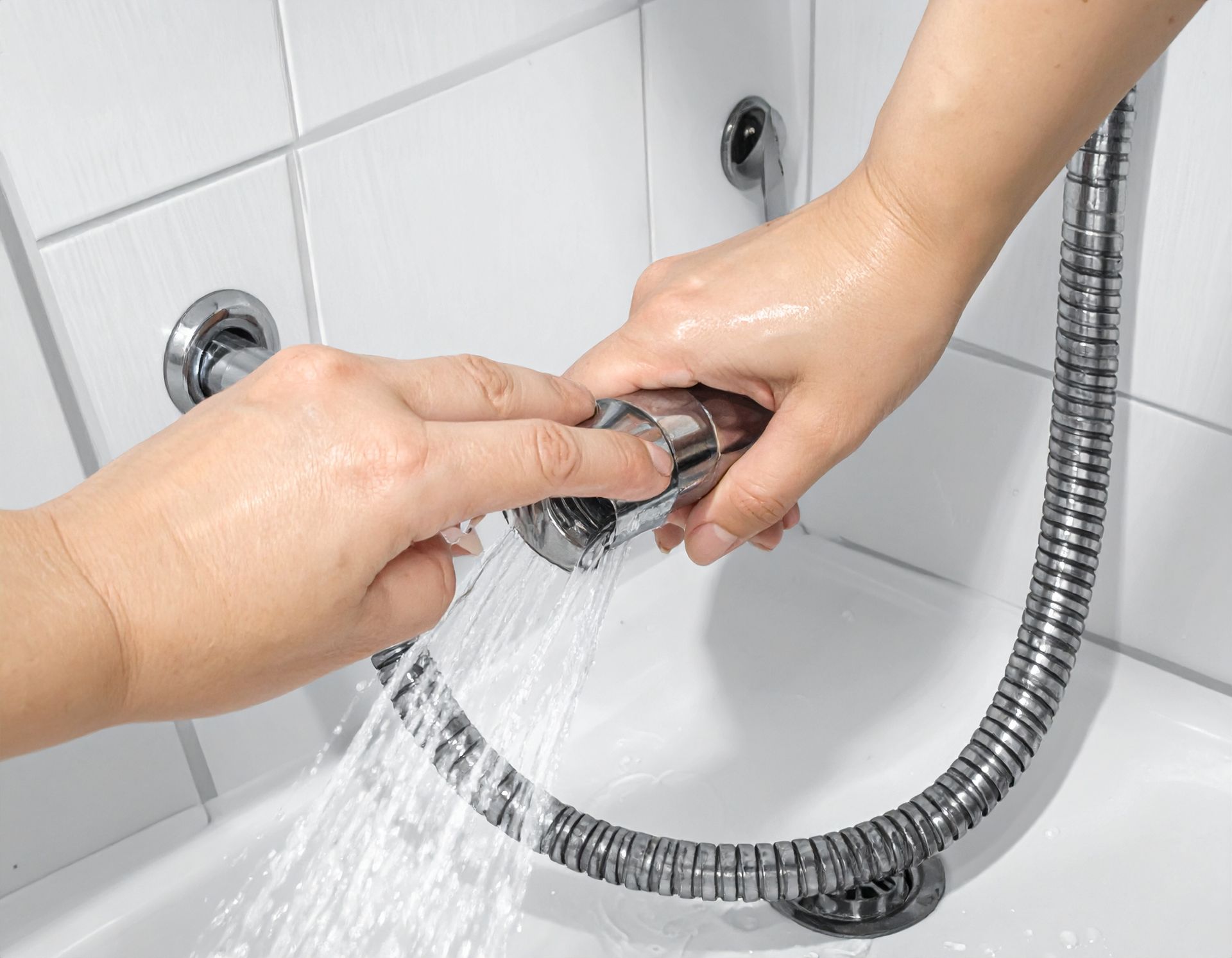 Hands hold a chrome shower head over a white basin, spraying water onto fingers to test the temperature or flow.