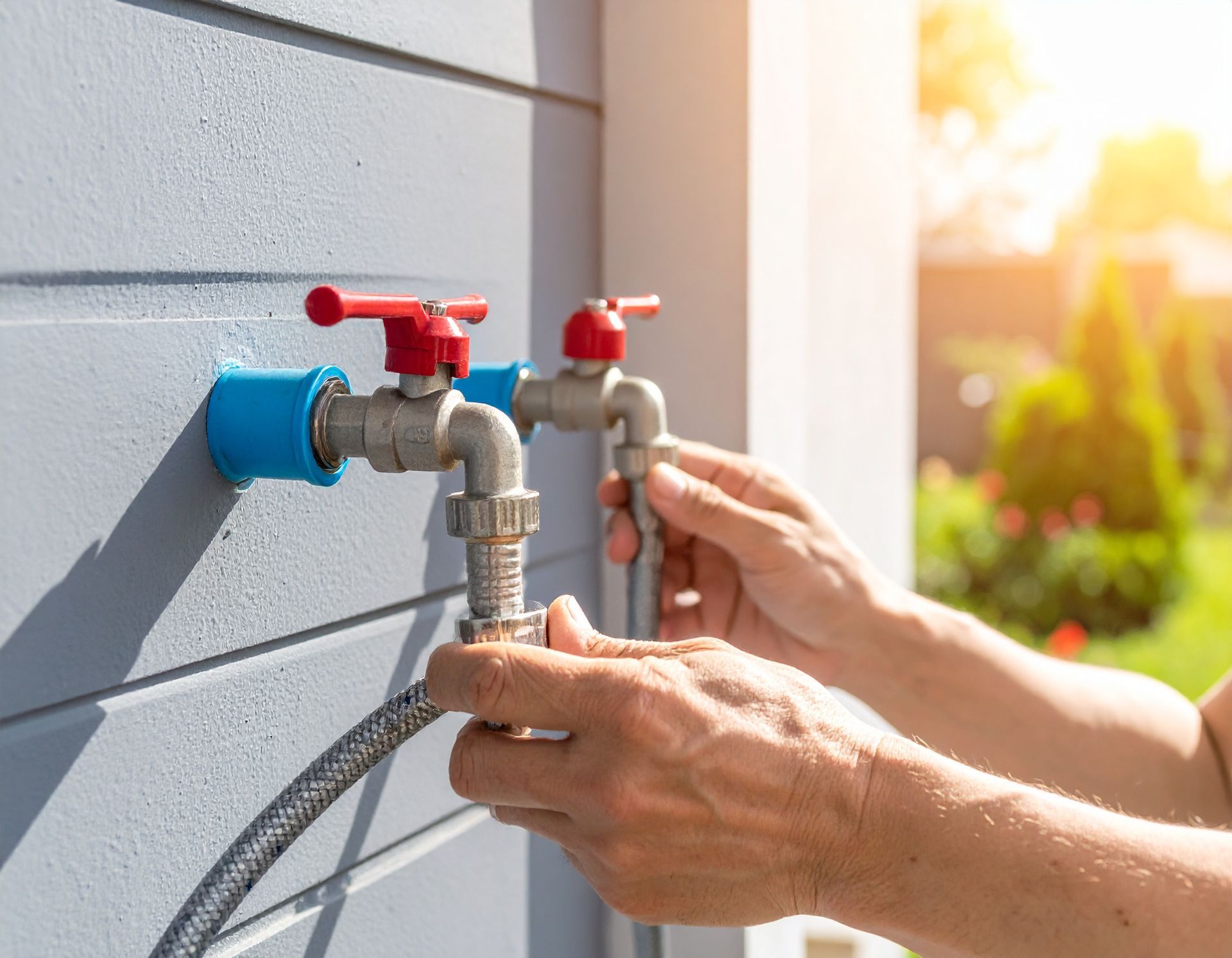 Hands attaching a hose to one of two outdoor water faucets on a light-colored wall with a blurred garden in the background.