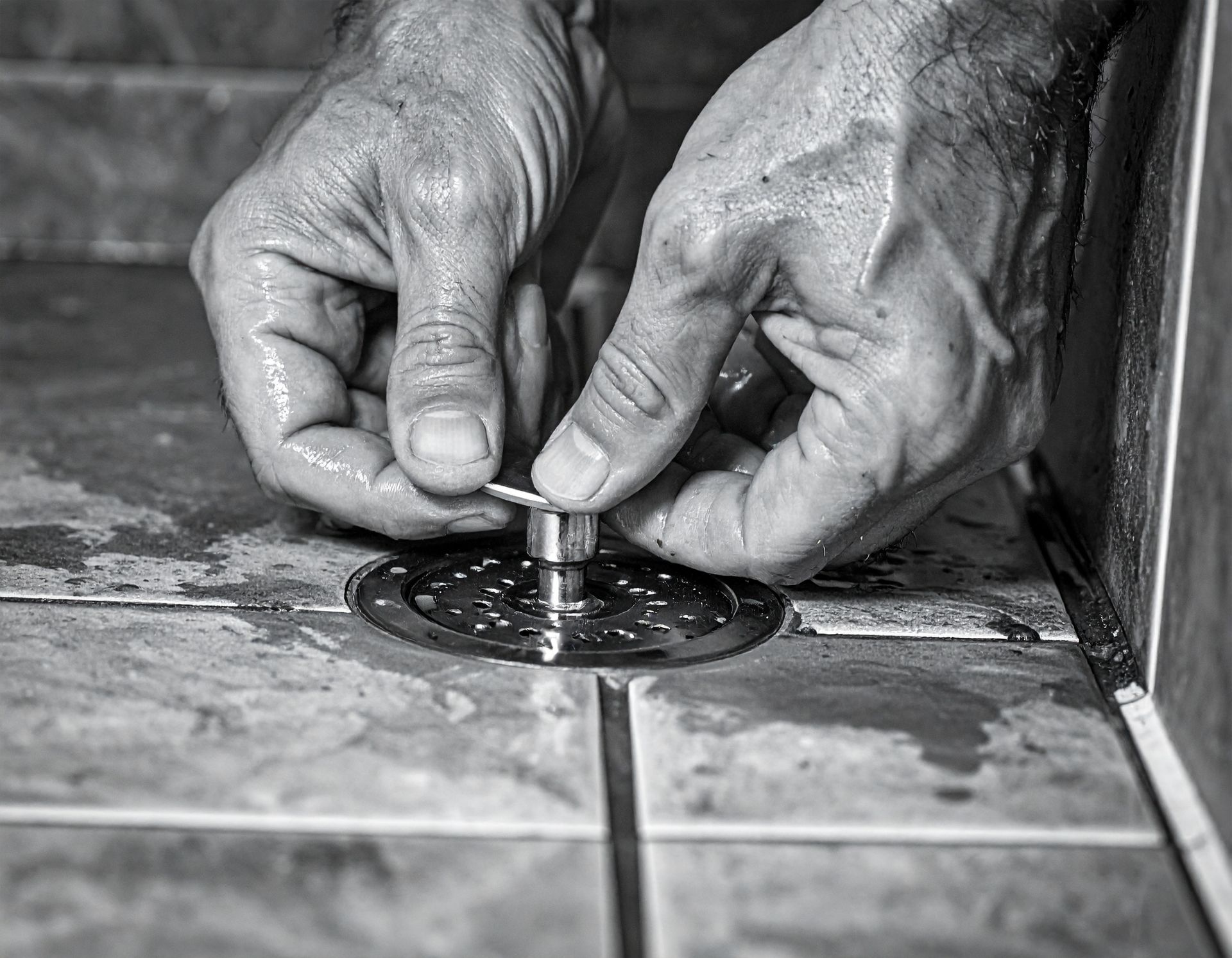 Hands installing a metal stopper into a shower floor drain.