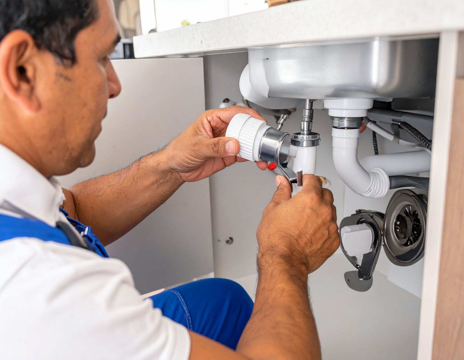 A professional in a uniform works under a kitchen sink, holding and inspecting plumbing pipes and connectors.