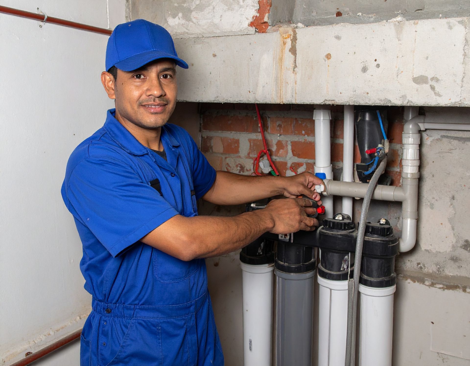 Two workers in a room under construction, standing near a white door, a bathtub fixture, and a bucket on the floor.