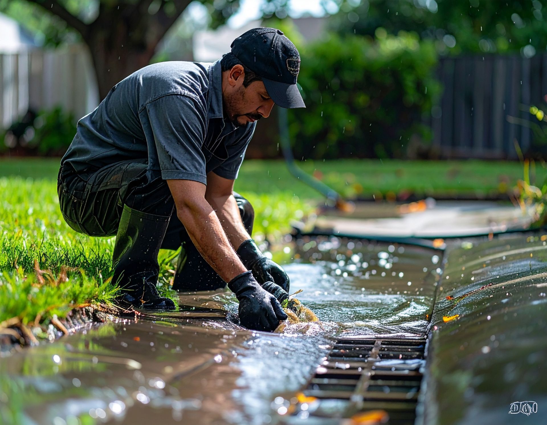 A person in a cap and black gloves works to clear a clogged storm drain in a grassy, water-filled residential street.