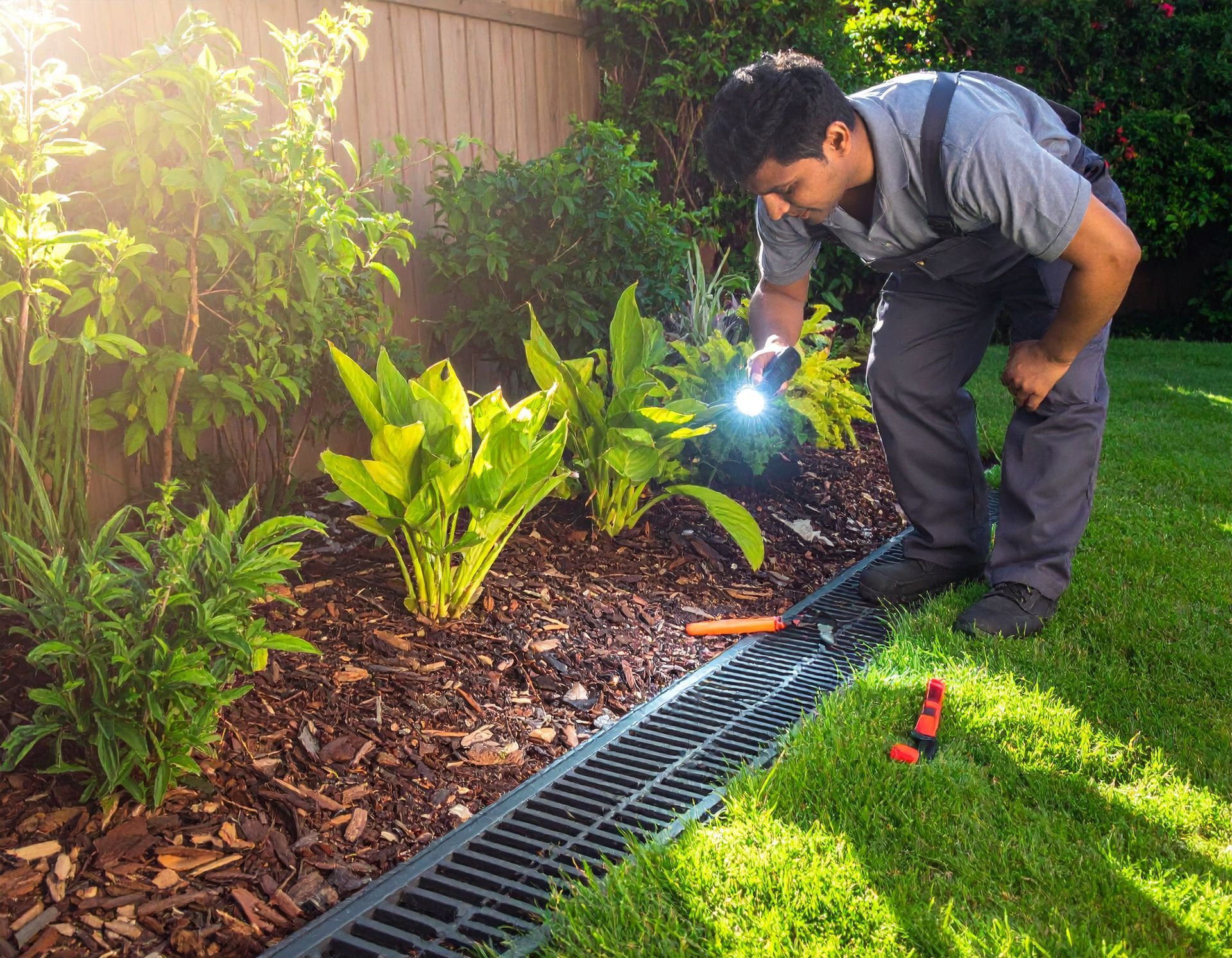 A person in work clothes inspects a drainage grate in a garden with a flashlight.