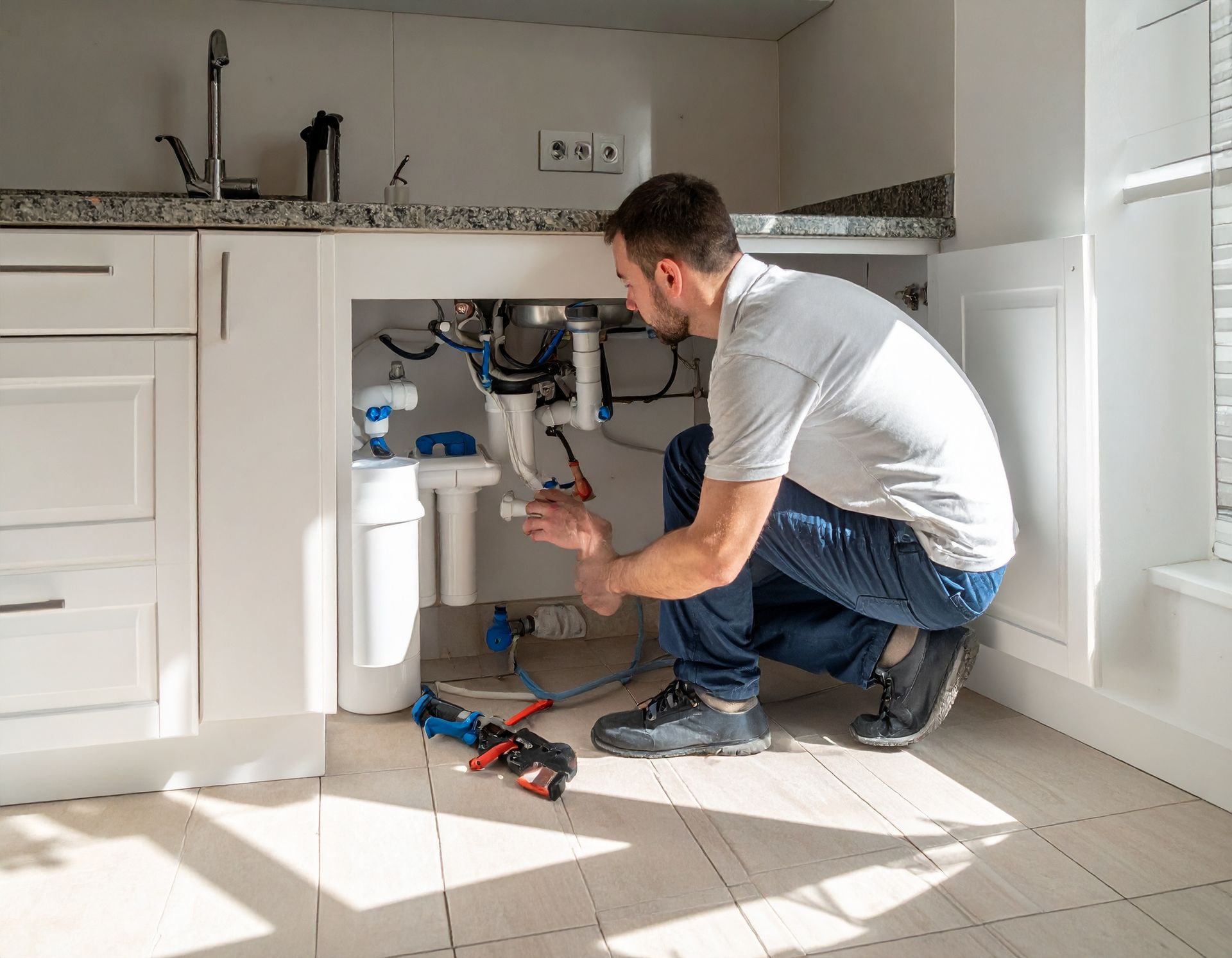 A person kneeling under a kitchen sink, repairing plumbing and a water filtration system.