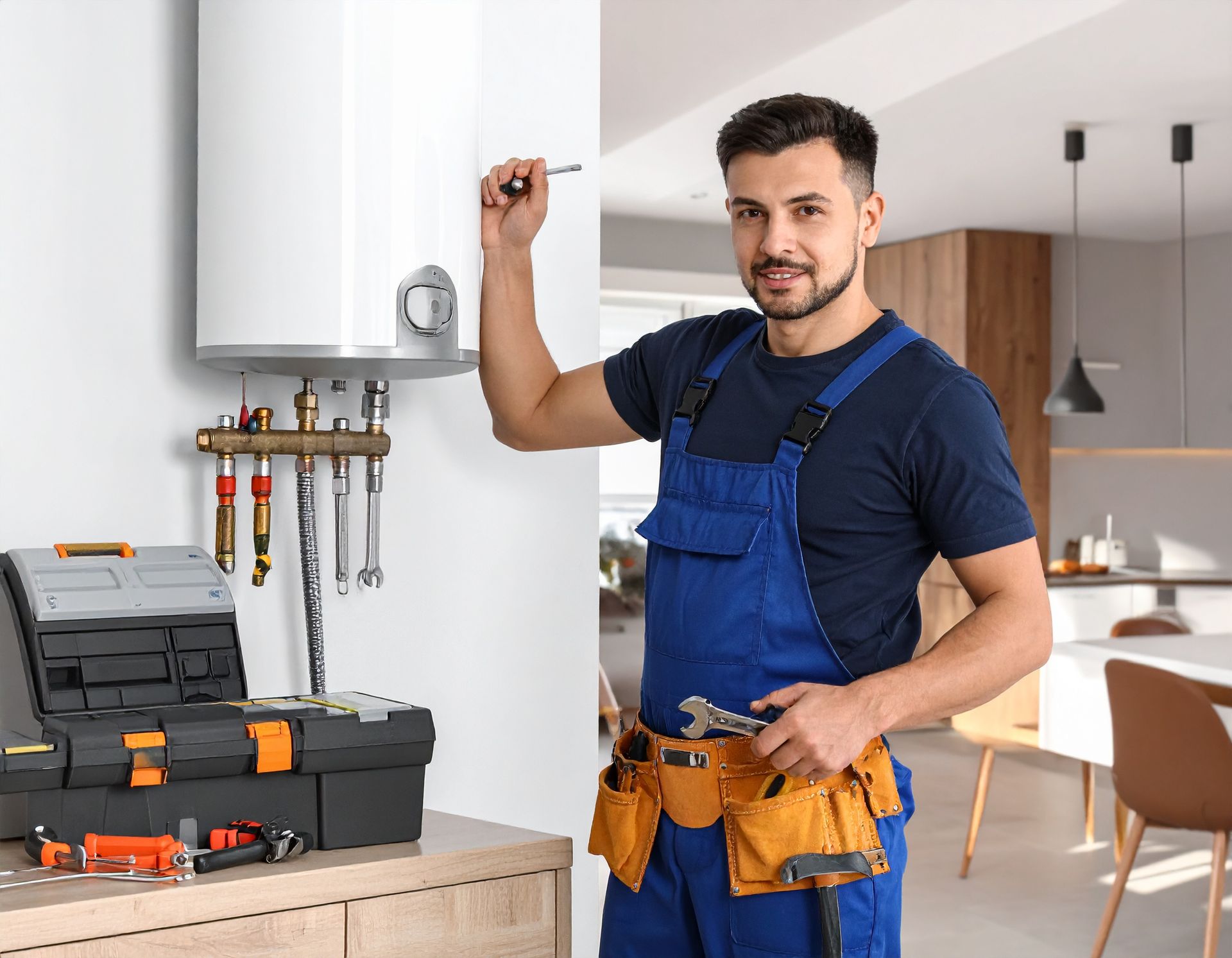 A technician in blue overalls and a tool belt fixing a white water heater mounted on a wall in a home setting.