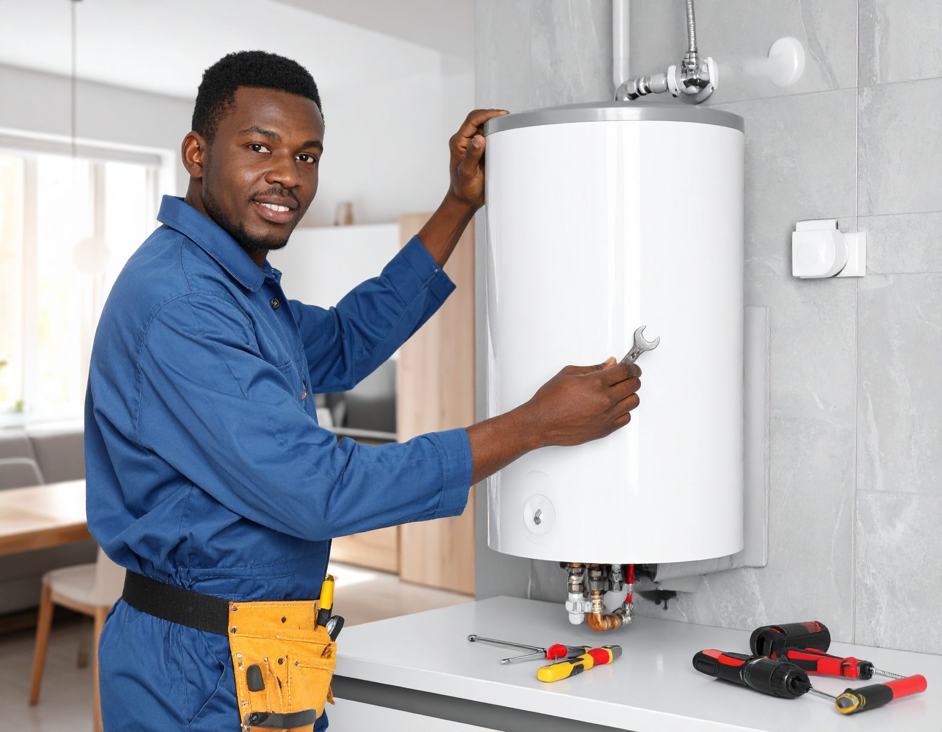 A technician in a blue uniform repairing a white wall-mounted water heater with tools on a countertop in a home.