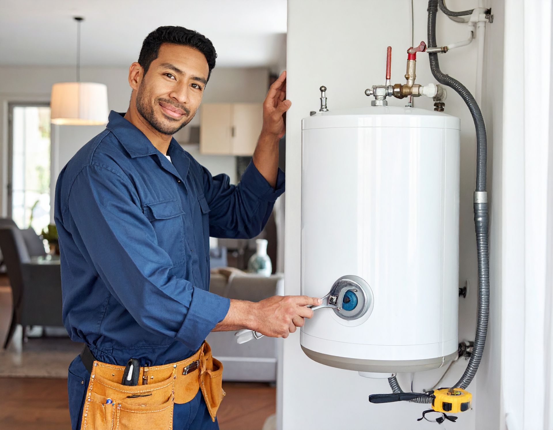 A technician in a blue uniform uses a wrench to work on a white water heater mounted on a wall in a home.