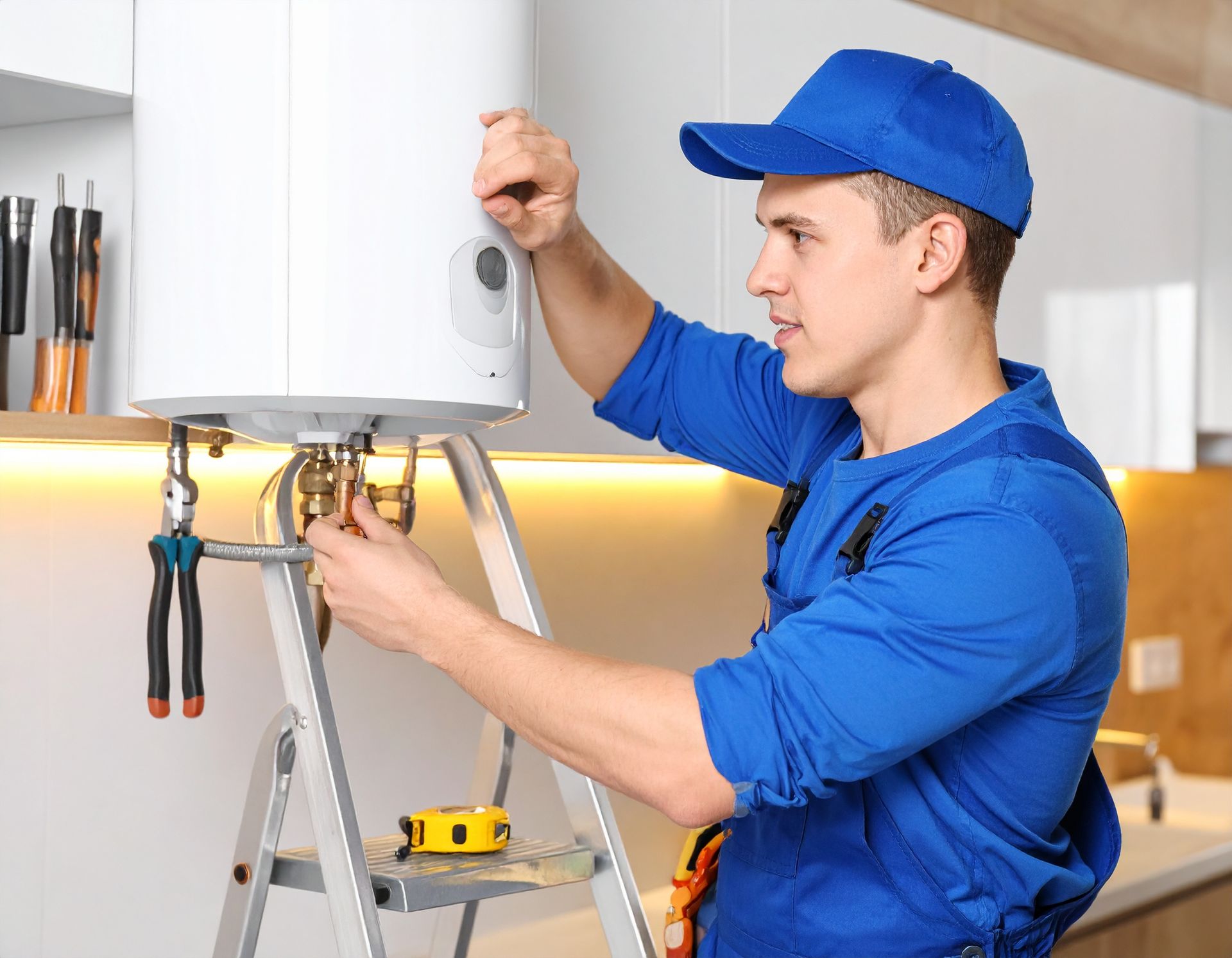 A technician in a blue uniform repairing a white water heater mounted in a kitchen.