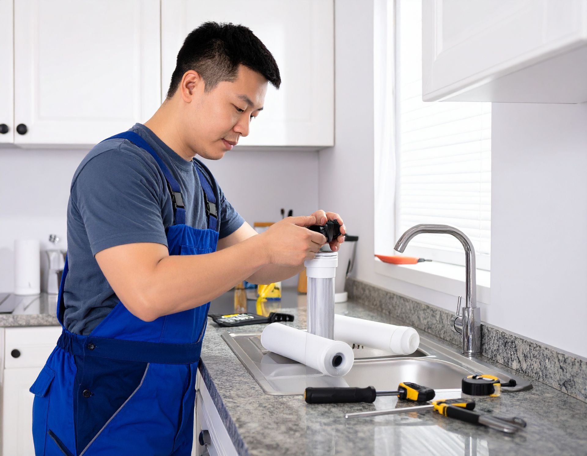 A person wearing blue work overalls assembles a water filter cartridge on a kitchen counter next to tools and a sink.