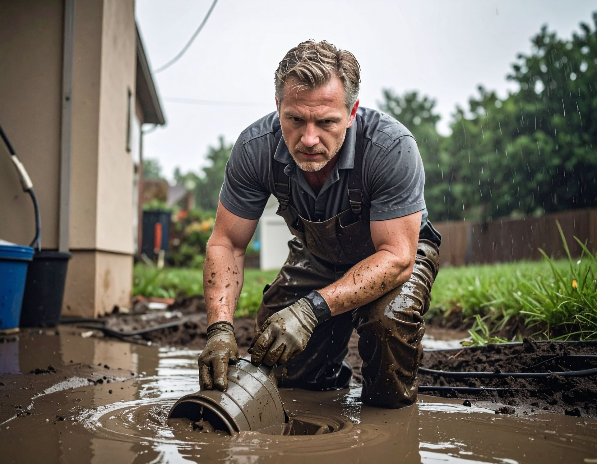 A person kneeling in muddy water outside, using a bucket to clear a clogged drain during a rainstorm.