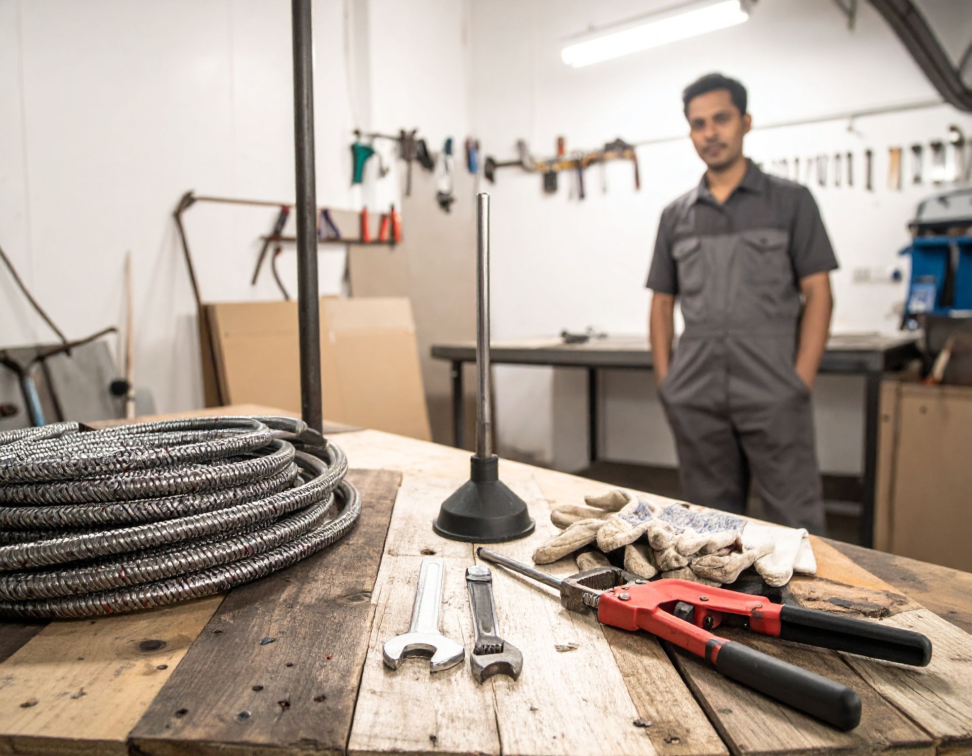 A person stands in a workshop behind a workbench featuring a coiled cable, tools, a plunger, and protective gloves.