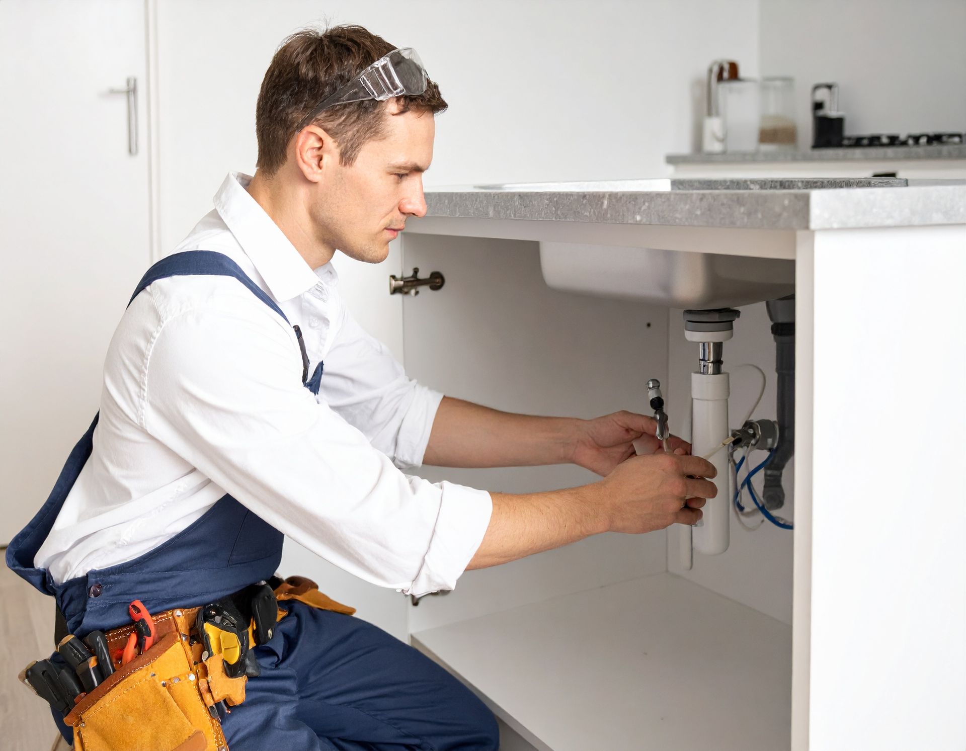 A person wearing work overalls and safety glasses repairs a sink drain under a kitchen counter.