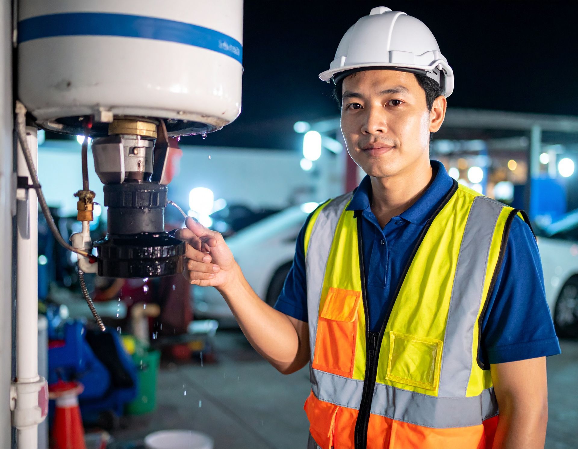 A person in a hard hat and high-visibility vest inspects a leaking industrial pipe connection at night.