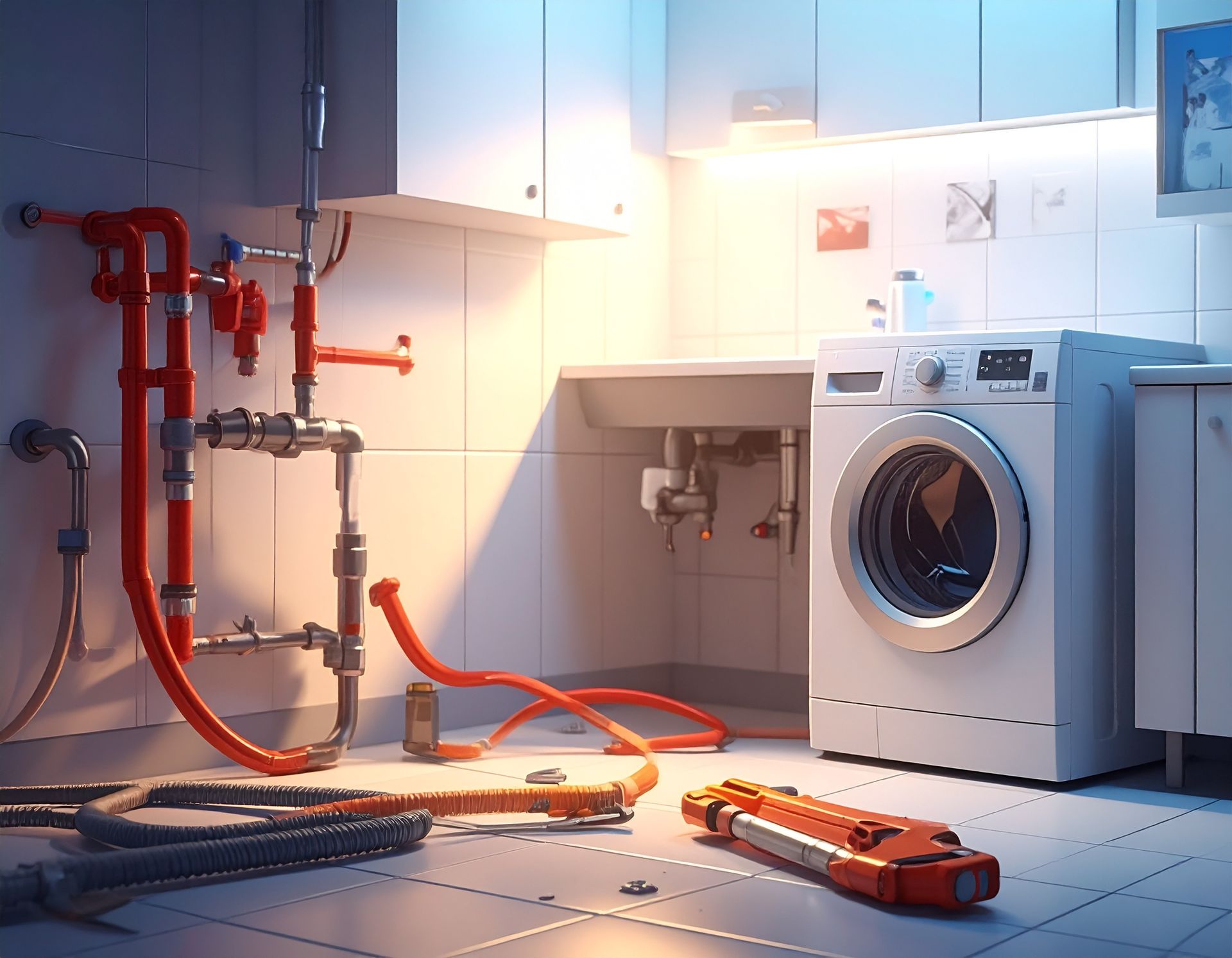 A laundry room with exposed red plumbing pipes, an orange hose on the floor, and a front-loading washing machine.