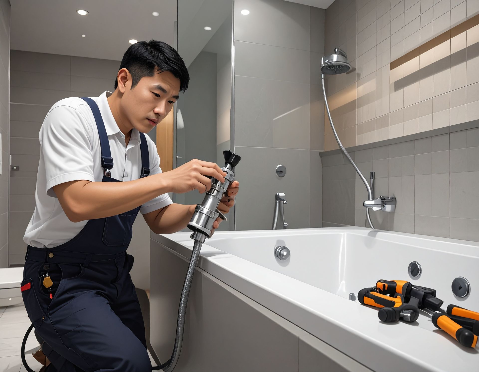 A plumber in navy overalls kneels in a bathroom, adjusting a chrome faucet fixture with tools nearby on the bathtub.