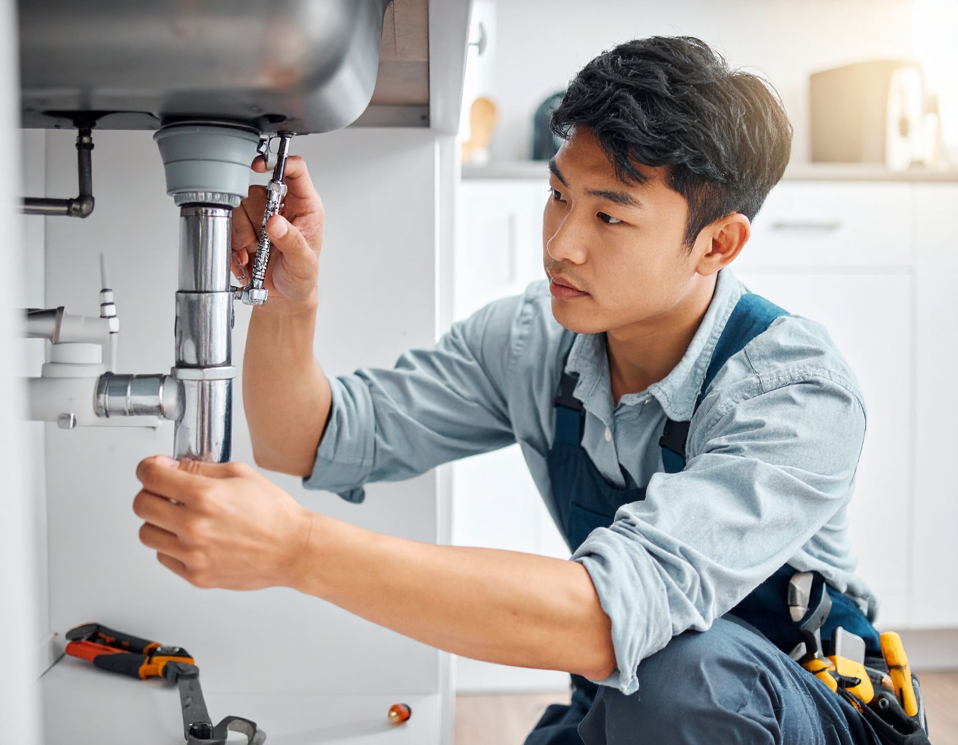 A plumber in work overalls uses a wrench to tighten a metal drain pipe under a kitchen sink.